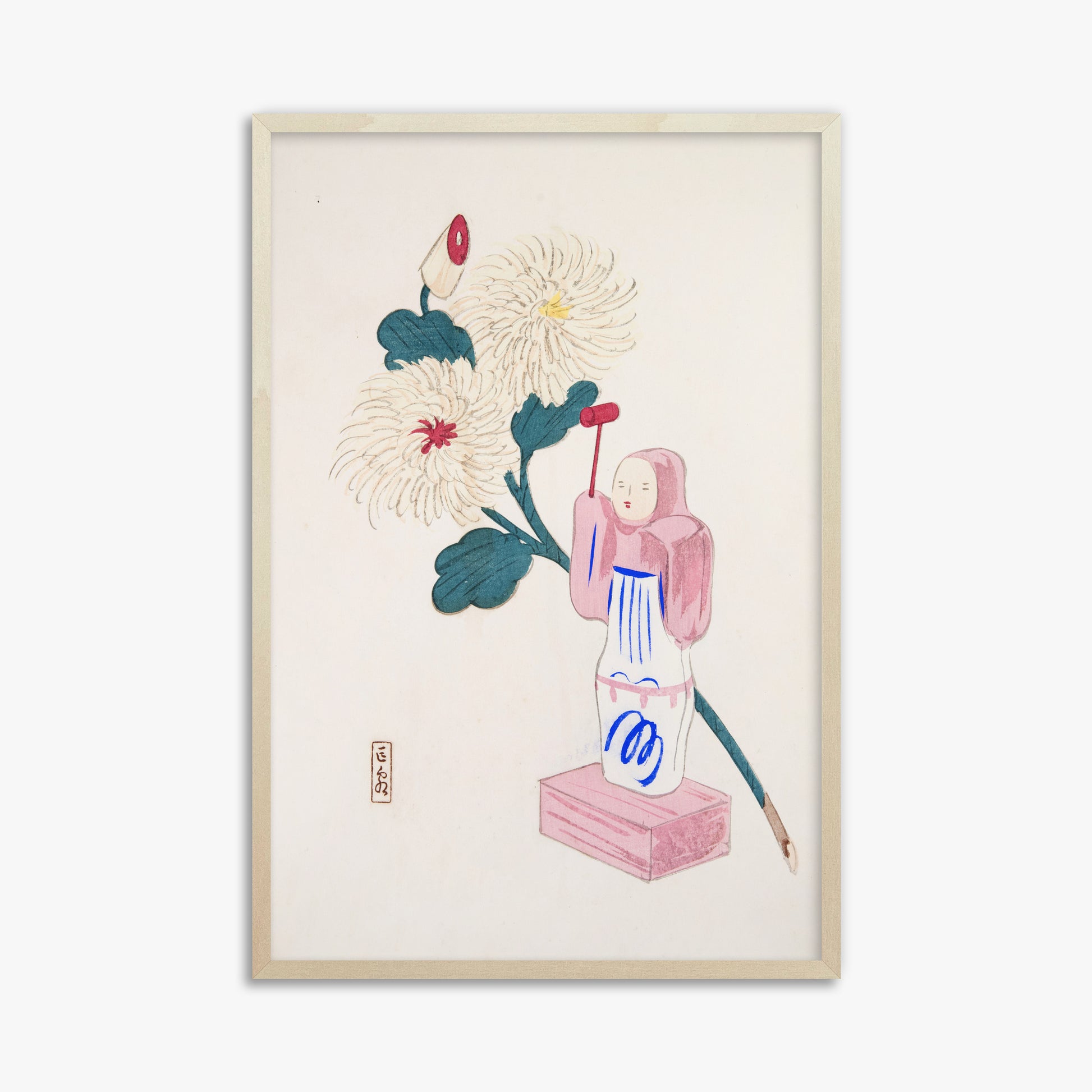 Kawasaki Kyosen: Kyosen’s Collected Illustrations of Japanese Toys Nr. 41 ("Serene Chrysanthemum Bloom"), 61x91cm Framed Art Reproduction With Lime Wood Frame