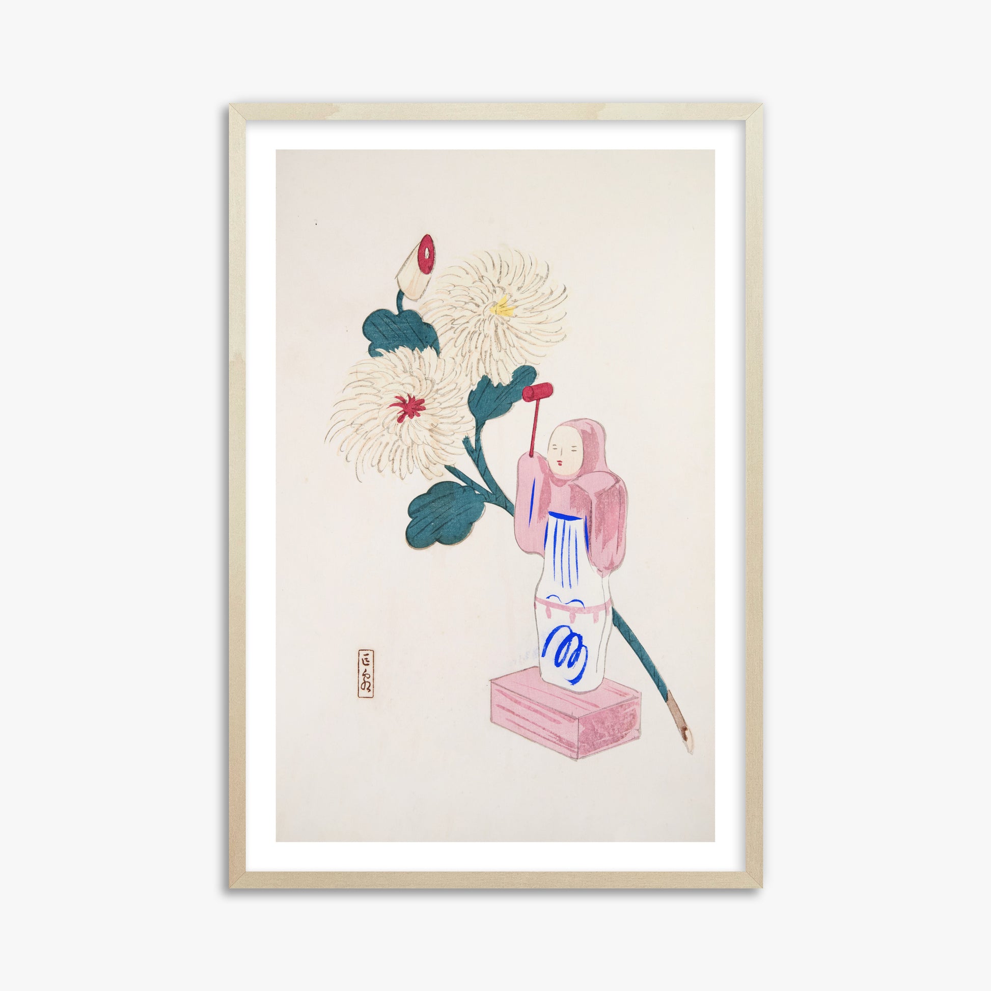Kawasaki Kyosen: Kyosen’s Collected Illustrations of Japanese Toys Nr. 41 ("Serene Chrysanthemum Bloom"), 61x91cm Framed Art Reproduction With Lime Wood Frame
