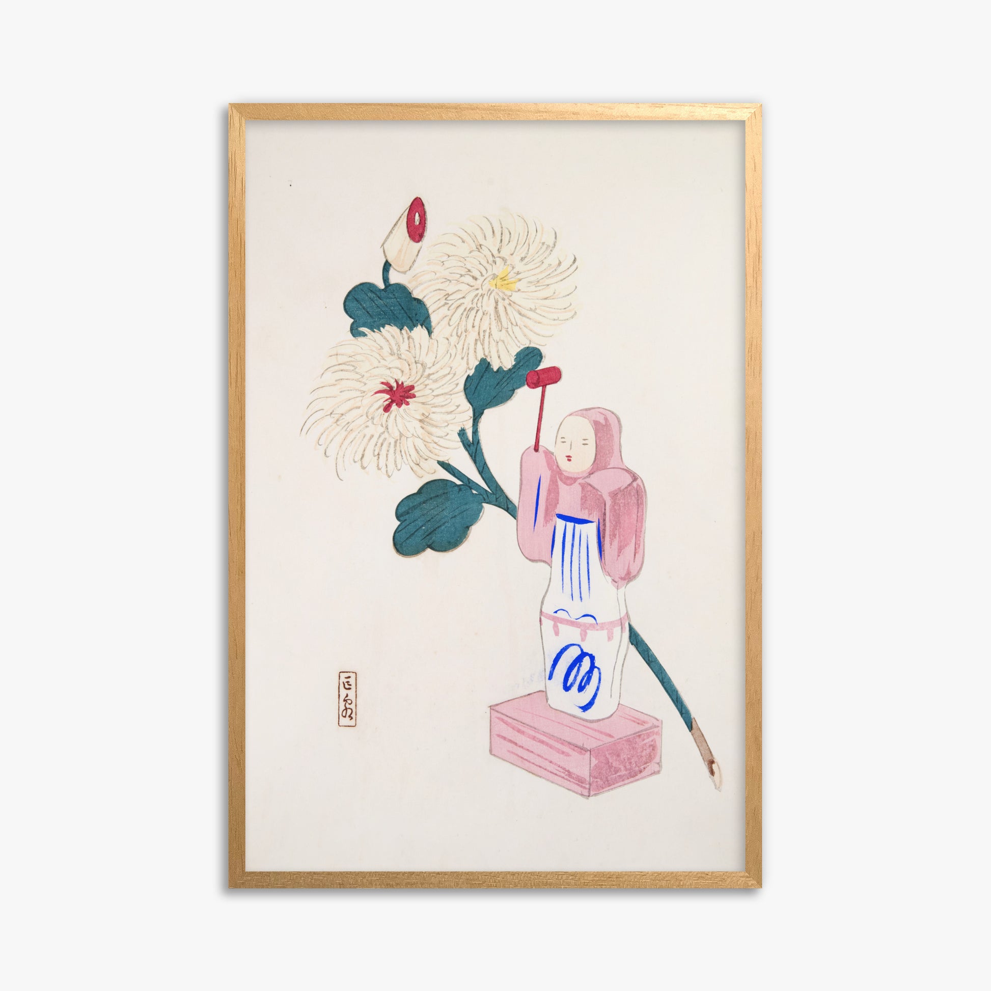 Kawasaki Kyosen: Kyosen’s Collected Illustrations of Japanese Toys Nr. 41 ("Serene Chrysanthemum Bloom"), 61x91cm Framed Art Reproduction With Oak Frame