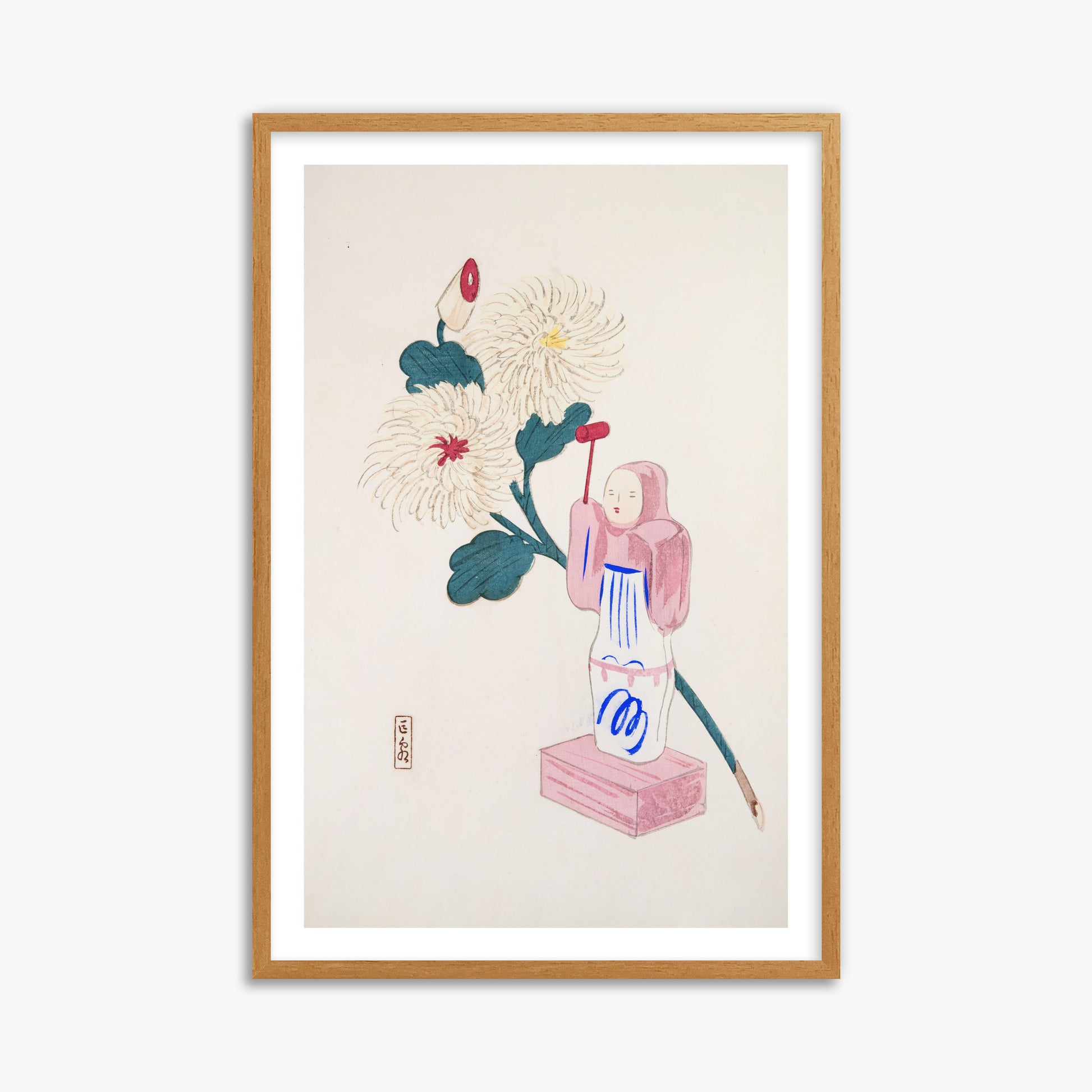 Kawasaki Kyosen: Kyosen’s Collected Illustrations of Japanese Toys Nr. 41 ("Serene Chrysanthemum Bloom"), 61x91cm Framed Art Reproduction With Oak Frame