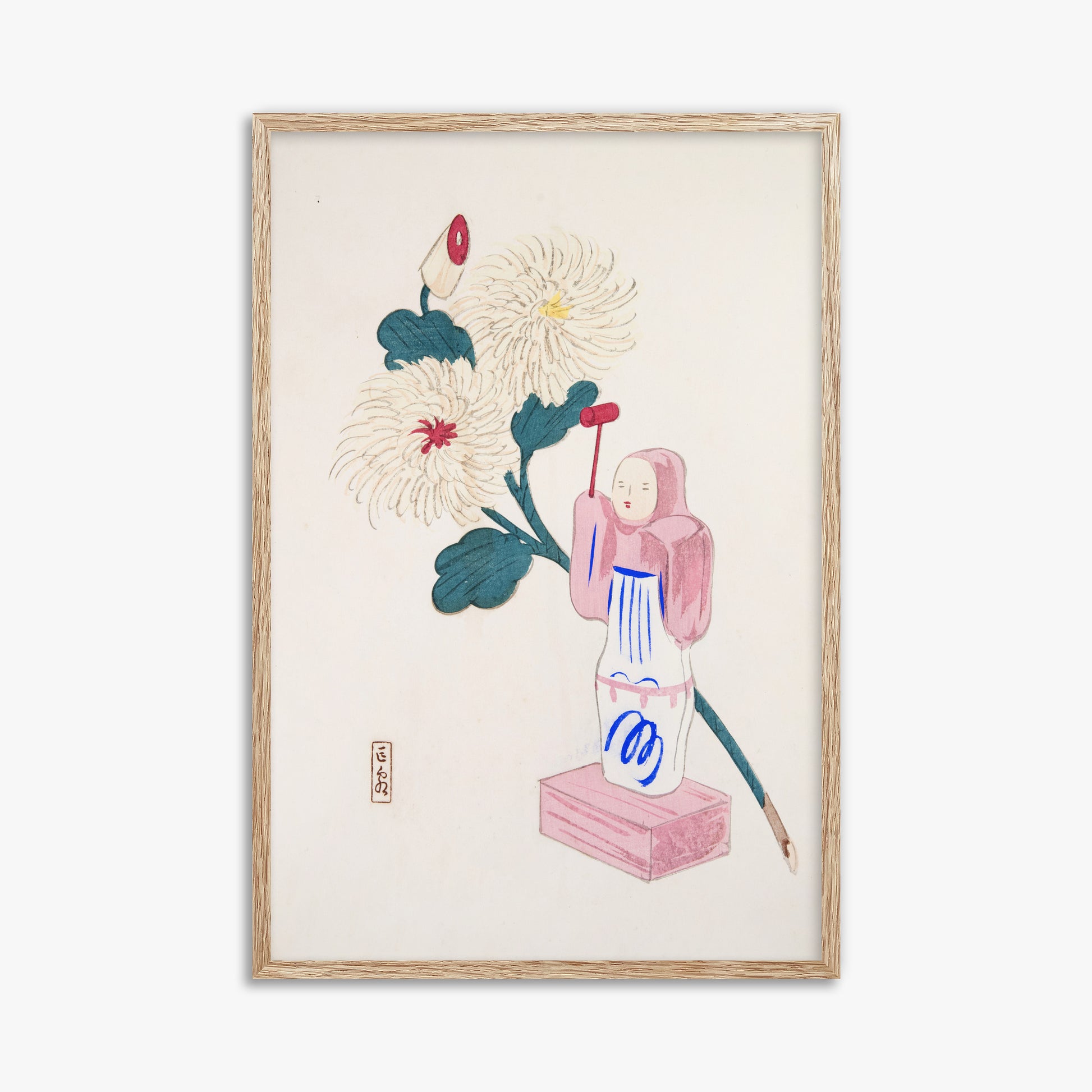 Kawasaki Kyosen: Kyosen’s Collected Illustrations of Japanese Toys Nr. 41 ("Serene Chrysanthemum Bloom"), 61x91cm Framed Art Reproduction With Raw Oak Frame