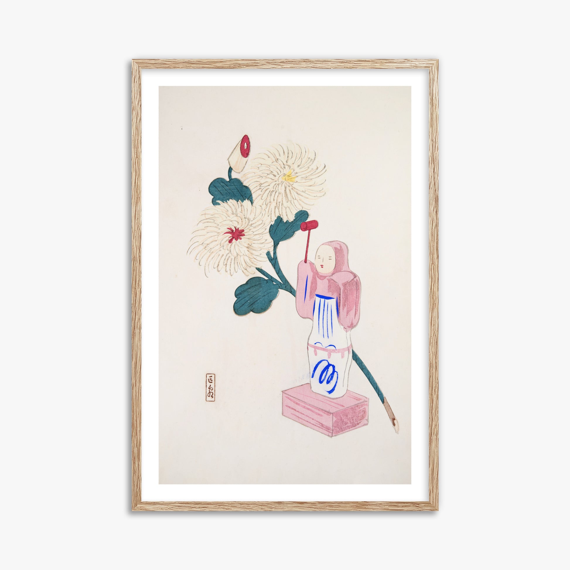 Kawasaki Kyosen: Kyosen’s Collected Illustrations of Japanese Toys Nr. 41 ("Serene Chrysanthemum Bloom"), 61x91cm Framed Art Reproduction With Raw Oak Frame