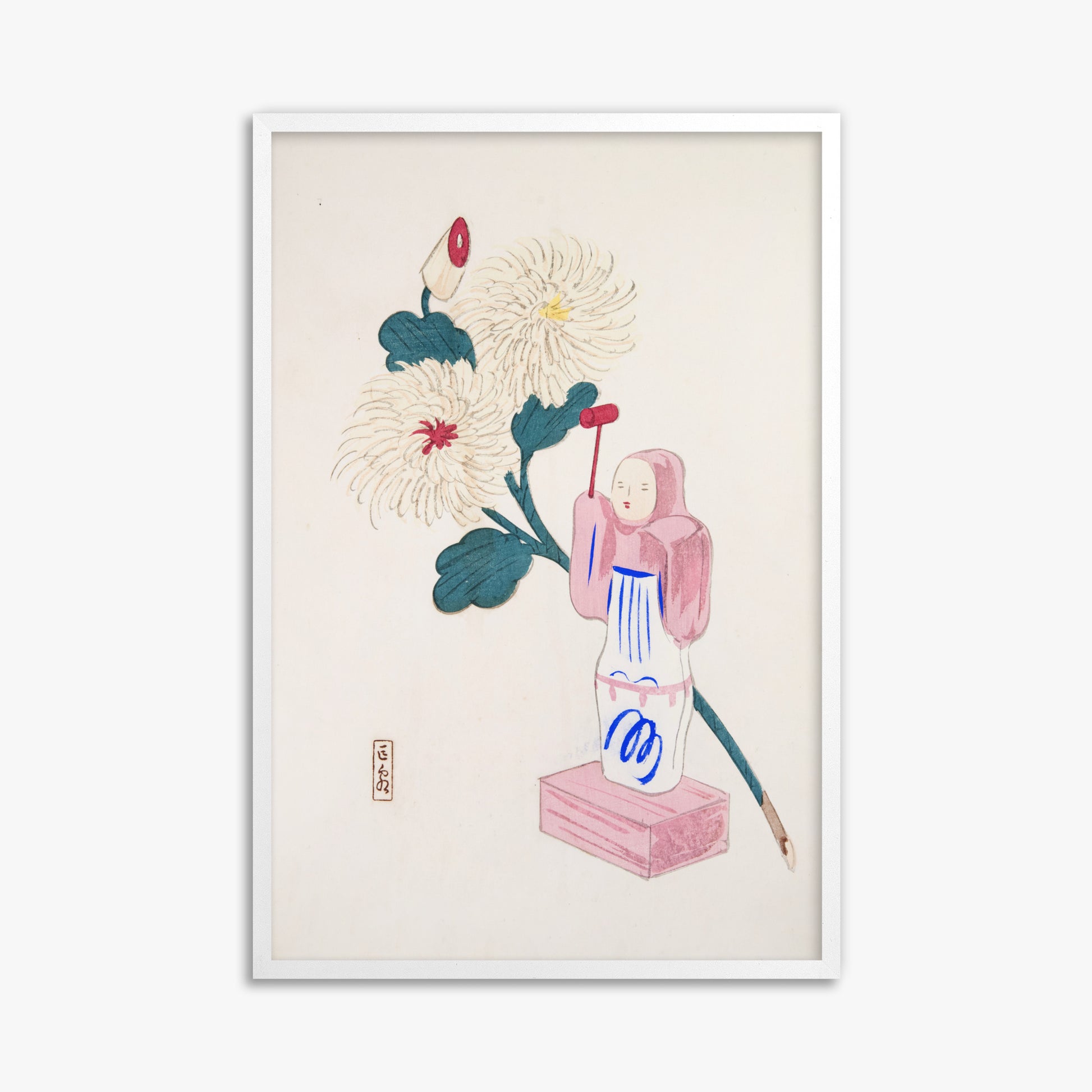Kawasaki Kyosen: Kyosen’s Collected Illustrations of Japanese Toys Nr. 41 ("Serene Chrysanthemum Bloom"), 61x91cm Framed Art Reproduction With White Frame