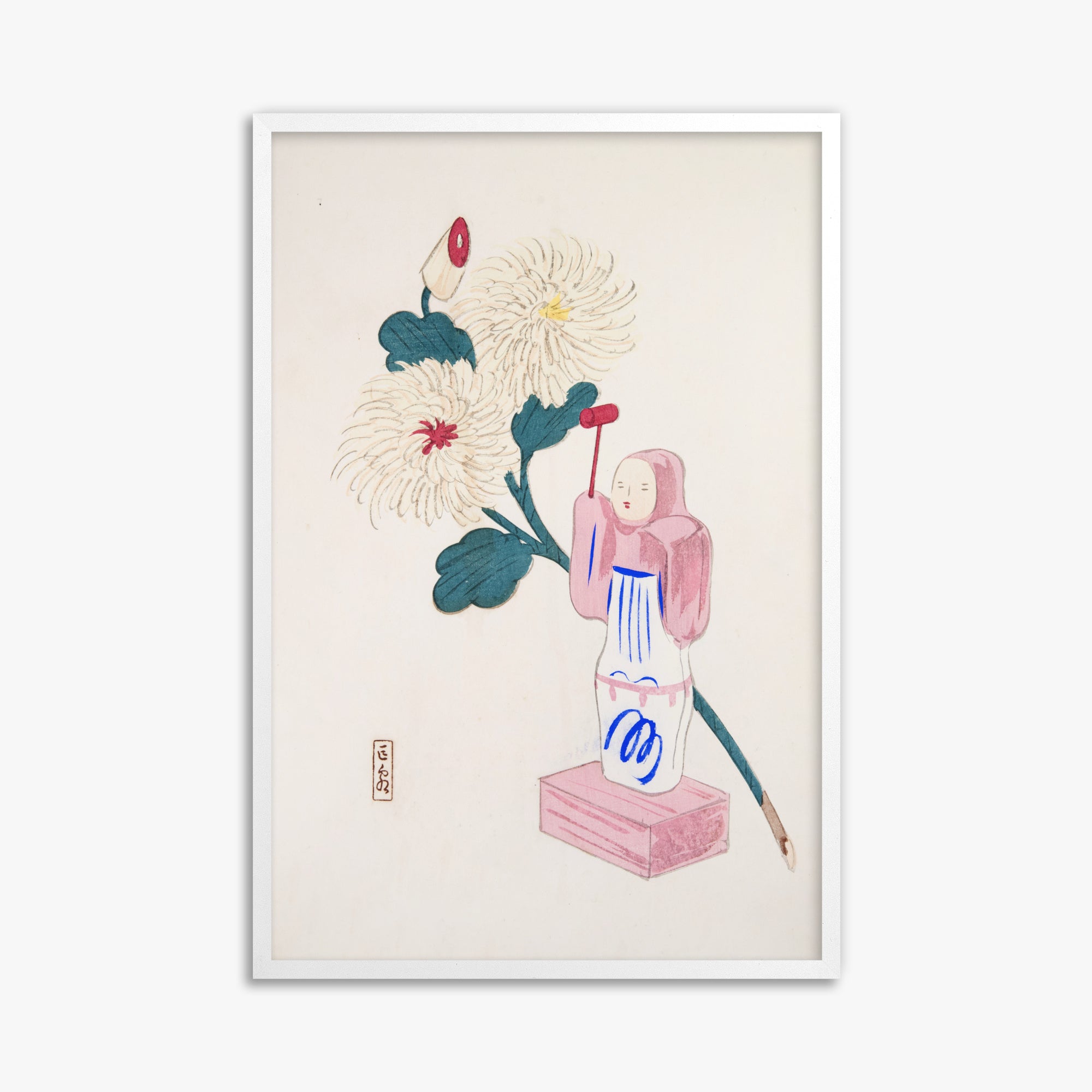 Kawasaki Kyosen: Kyosen’s Collected Illustrations of Japanese Toys Nr. 41 ("Serene Chrysanthemum Bloom"), 61x91cm Framed Art Reproduction With White Frame