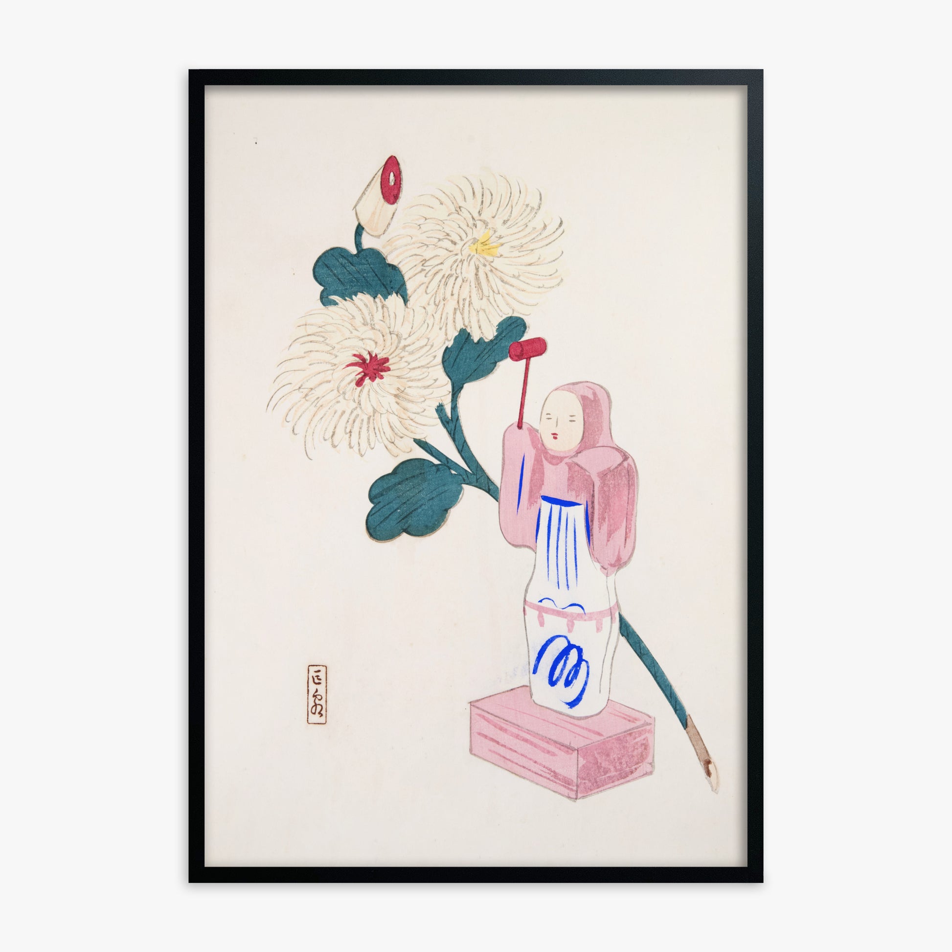 Kawasaki Kyosen: Kyosen’s Collected Illustrations of Japanese Toys Nr. 41 ("Serene Chrysanthemum Bloom"), Black Framed Art Reproduction With Black Frame
