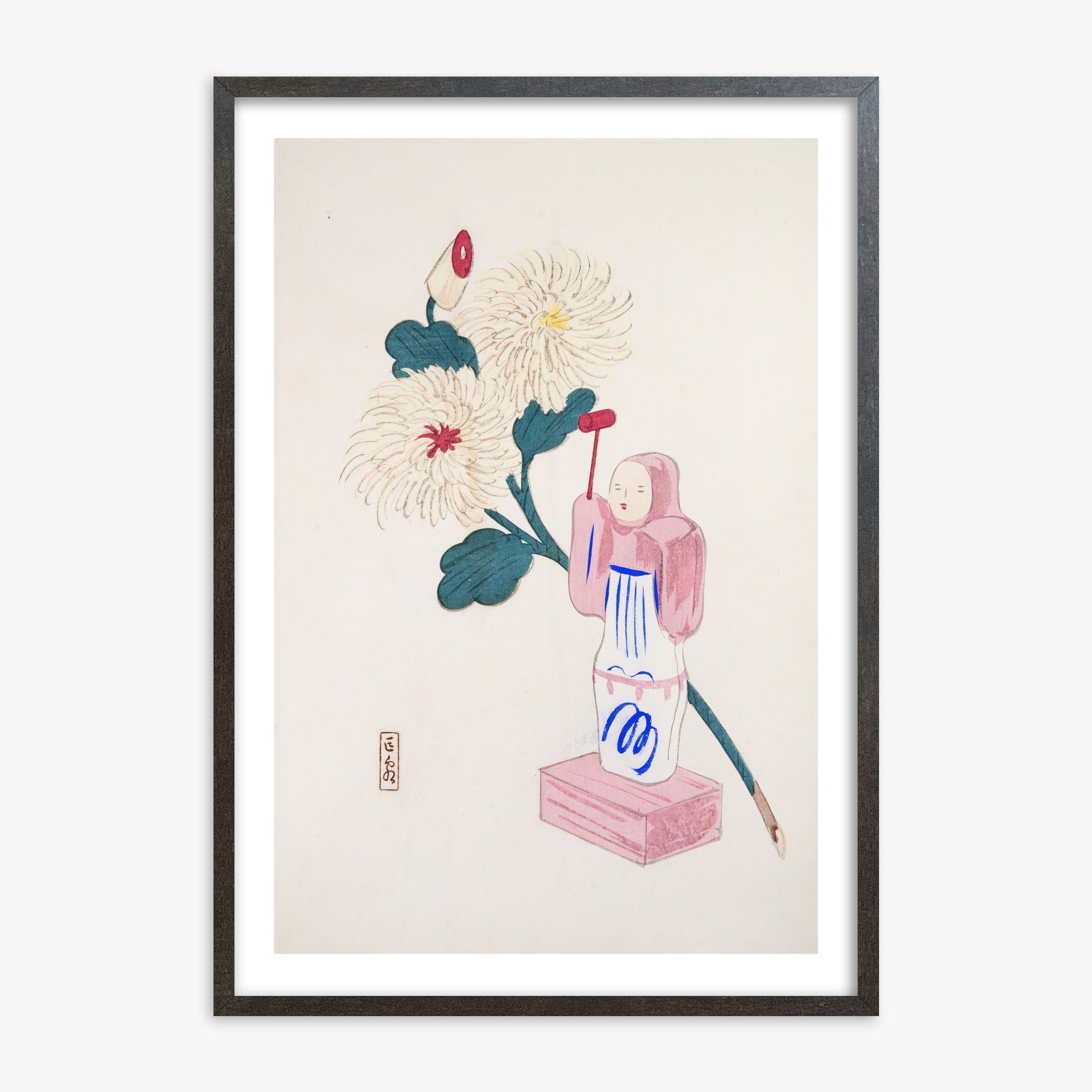 Kawasaki Kyosen: Kyosen’s Collected Illustrations of Japanese Toys Nr. 41 ("Serene Chrysanthemum Bloom"), 70x100cm Framed Art Reproduction With Espresso Frame