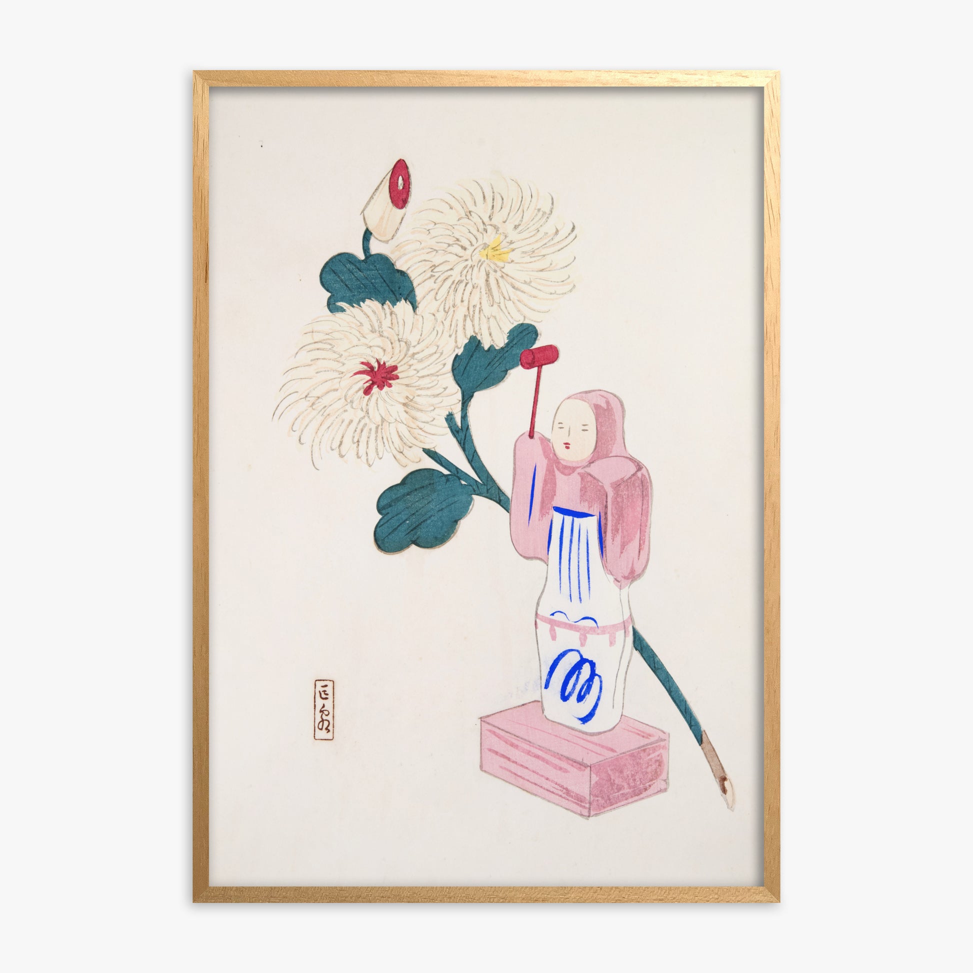 Kawasaki Kyosen: Kyosen’s Collected Illustrations of Japanese Toys Nr. 41 ("Serene Chrysanthemum Bloom"), Oak Framed Art Reproduction With Oak Frame