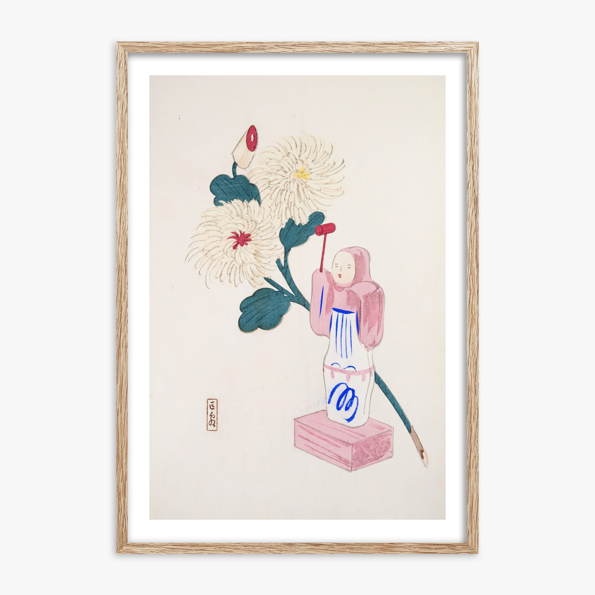 Kawasaki Kyosen: Kyosen’s Collected Illustrations of Japanese Toys Nr. 41 ("Serene Chrysanthemum Bloom"), 70x100cm Framed Art Reproduction With Raw Oak Frame