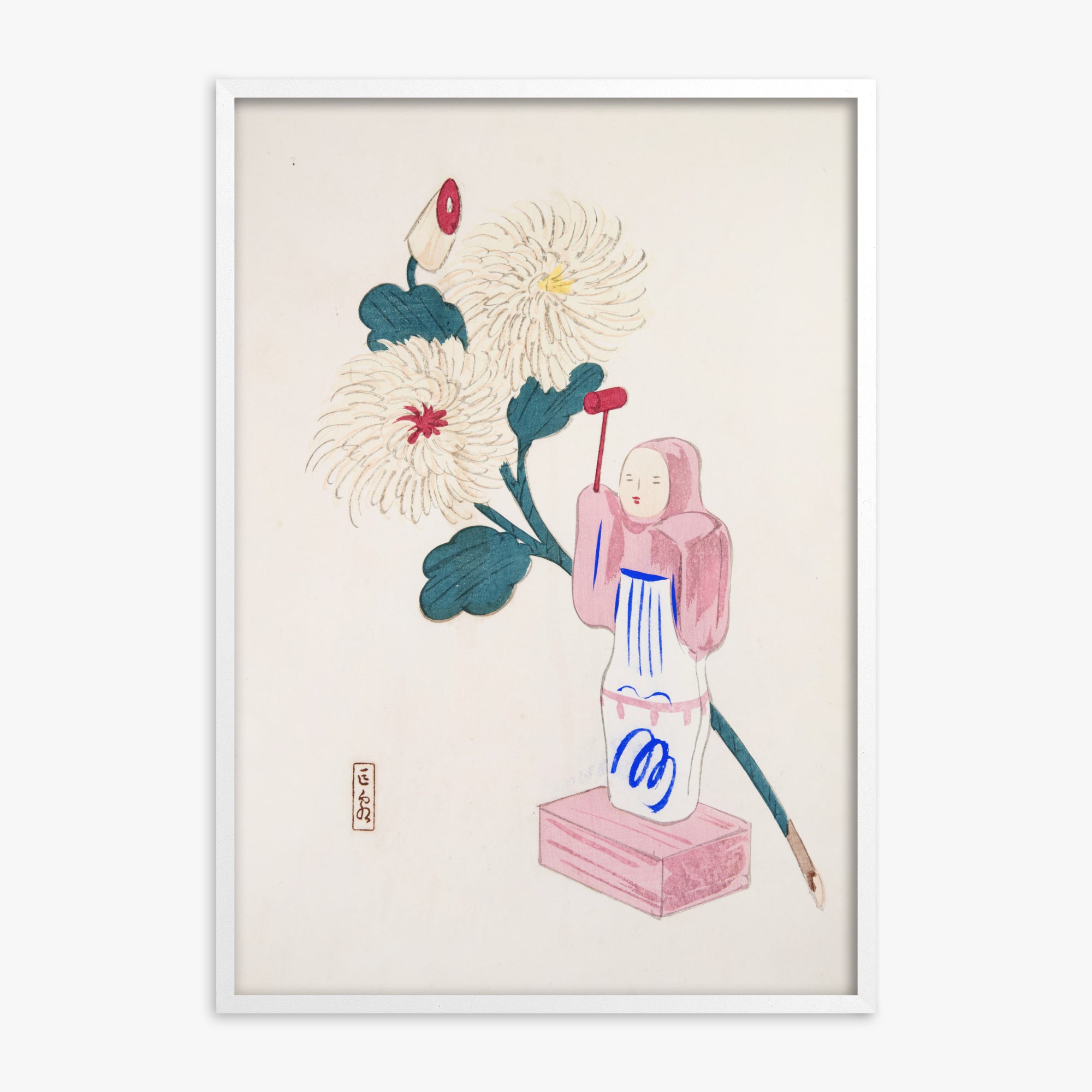 Kawasaki Kyosen: Kyosen’s Collected Illustrations of Japanese Toys Nr. 41 ("Serene Chrysanthemum Bloom"), White Framed Art Reproduction With White Frame