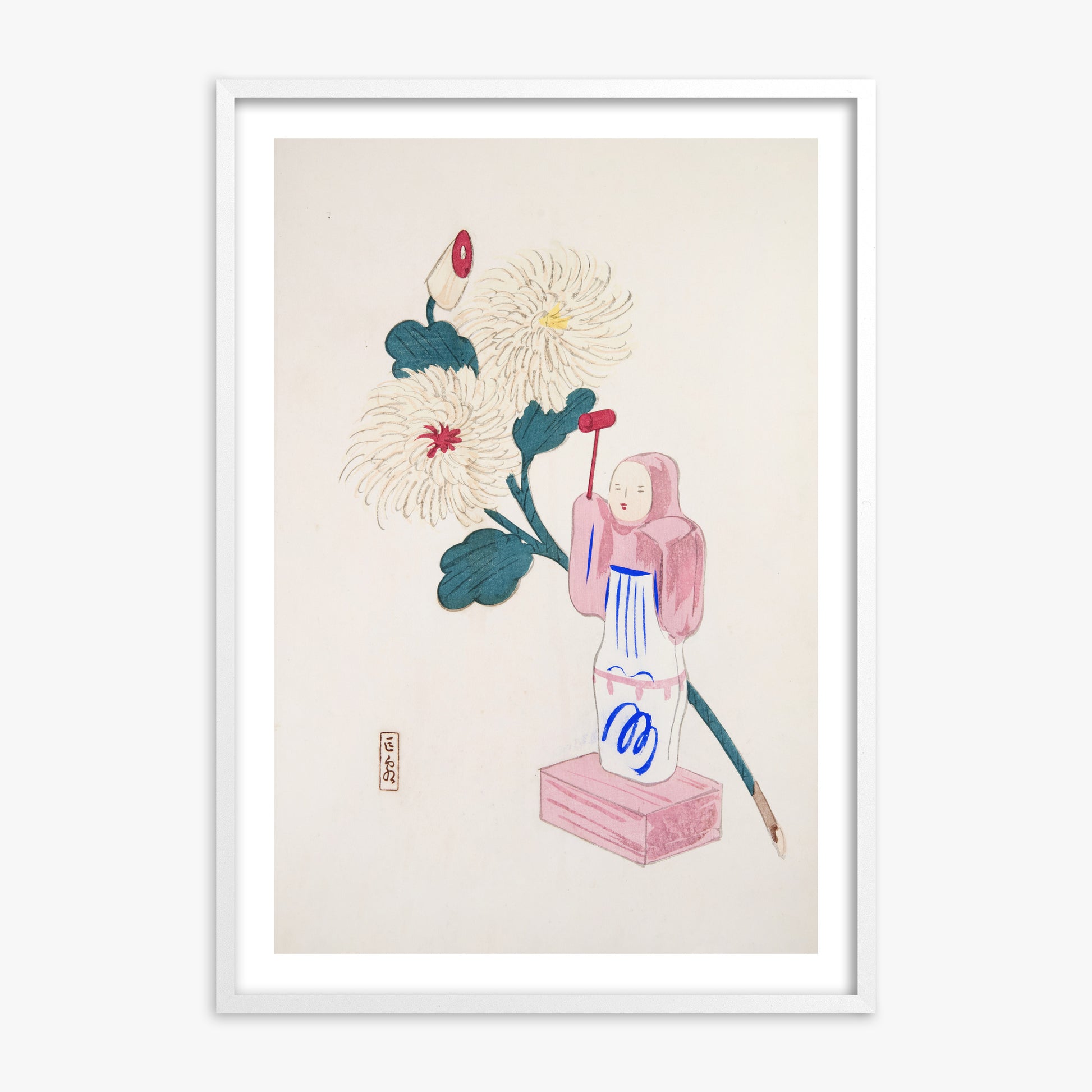 Kawasaki Kyosen: Kyosen’s Collected Illustrations of Japanese Toys Nr. 41 ("Serene Chrysanthemum Bloom"), 70x100cm Framed Art Reproduction With White Frame
