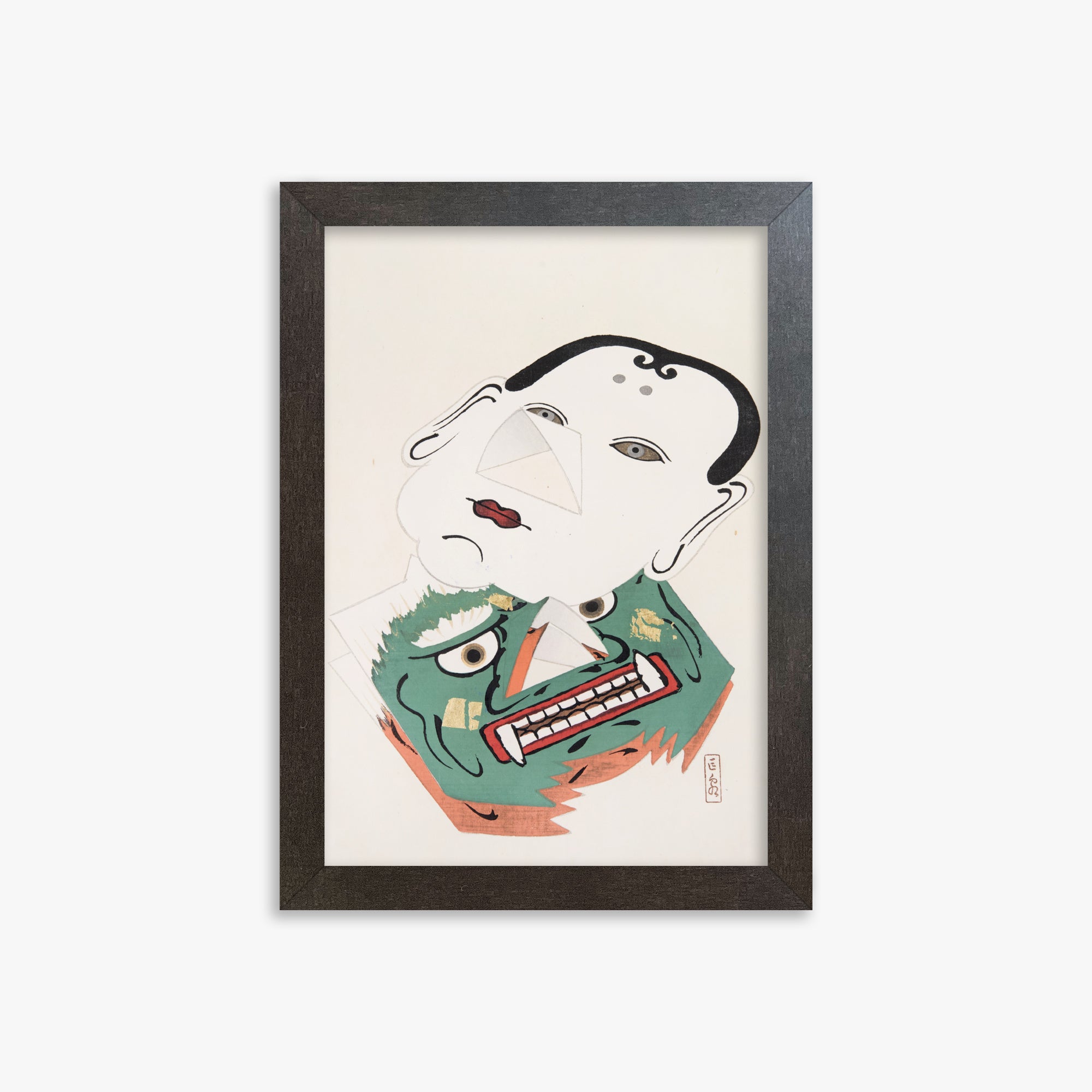 Kawasaki Kyosen: Kyosen’s Collected Illustrations of Japanese Toys Nr. 42 ("Dual Mask Expression"), 21x30cm Framed Art Reproduction With Espresso Frame