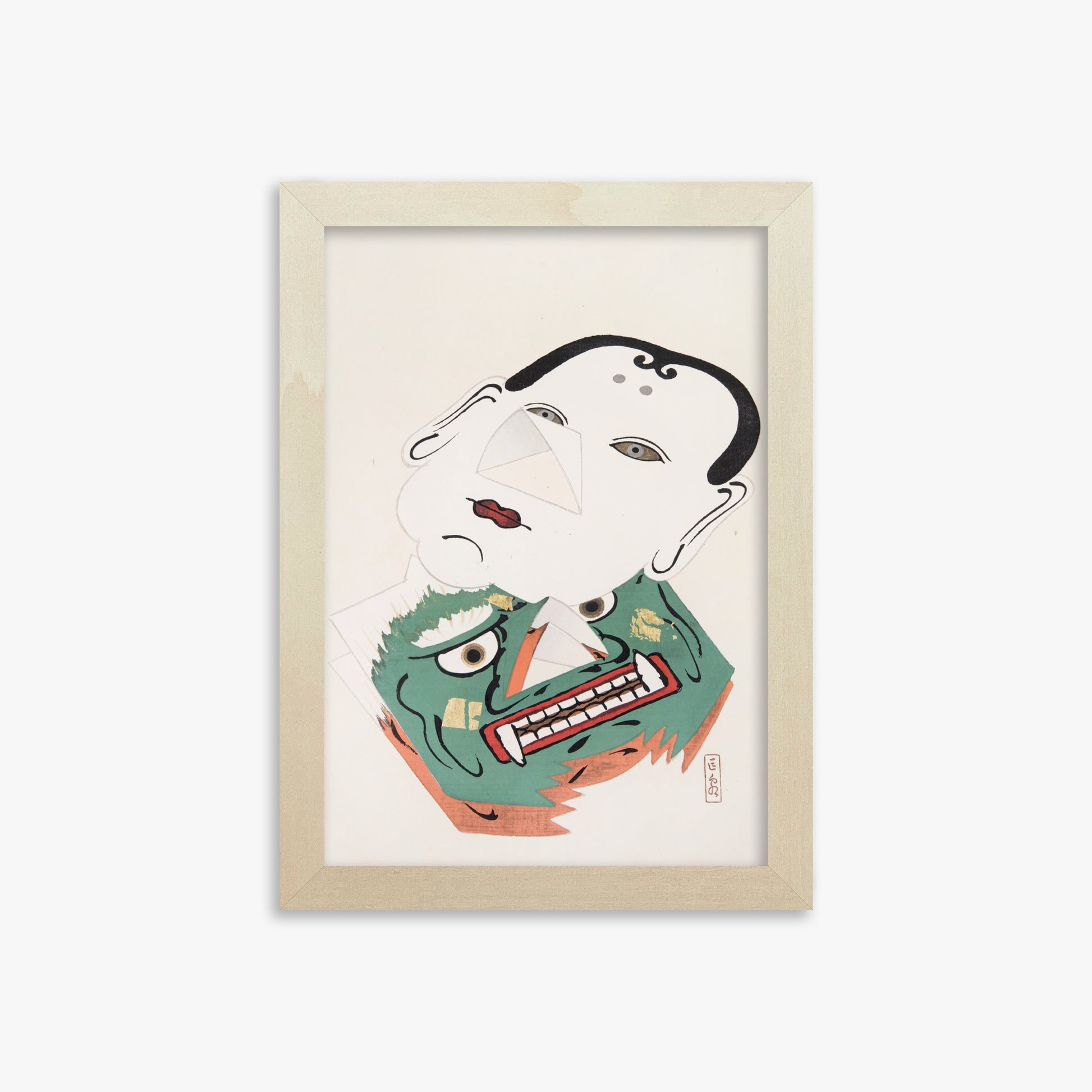 Kawasaki Kyosen: Kyosen’s Collected Illustrations of Japanese Toys Nr. 42 ("Dual Mask Expression"), 21x30cm Framed Art Reproduction With Lime Wood Frame