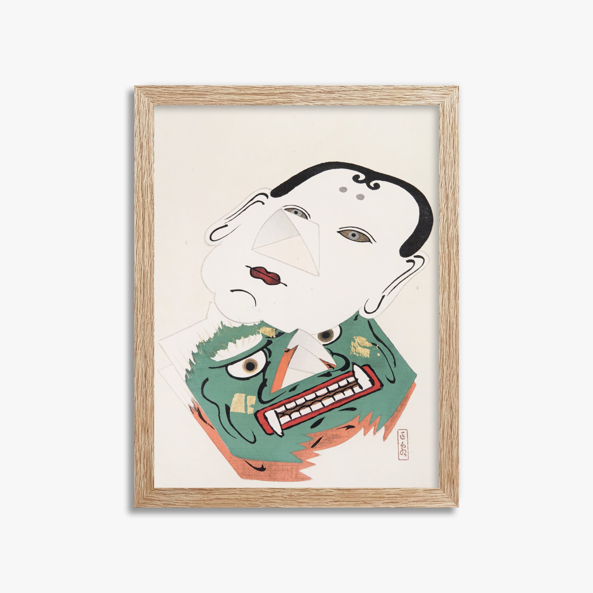 Kawasaki Kyosen: Kyosen’s Collected Illustrations of Japanese Toys Nr. 42 ("Dual Mask Expression"), 30x40cm Framed Art Reproduction With Raw Oak Frame