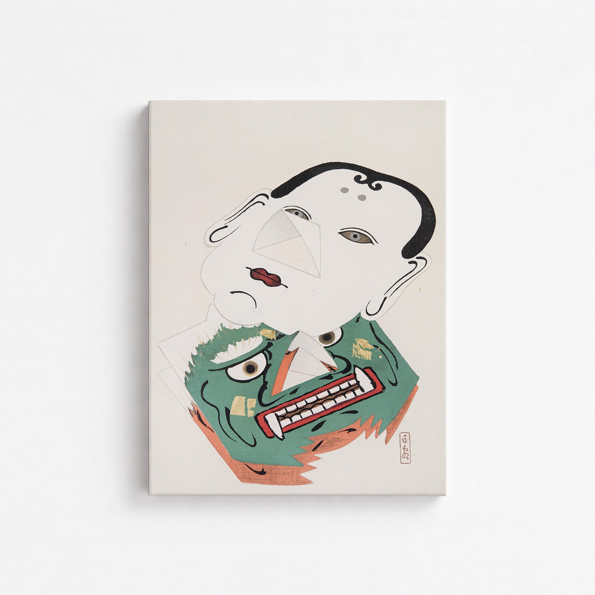 Kawasaki Kyosen: Kyosen’s Collected Illustrations of Japanese Toys Nr. 42 ("Dual Mask Expression"), 30x40cm Satin Canvas Art Reproduction