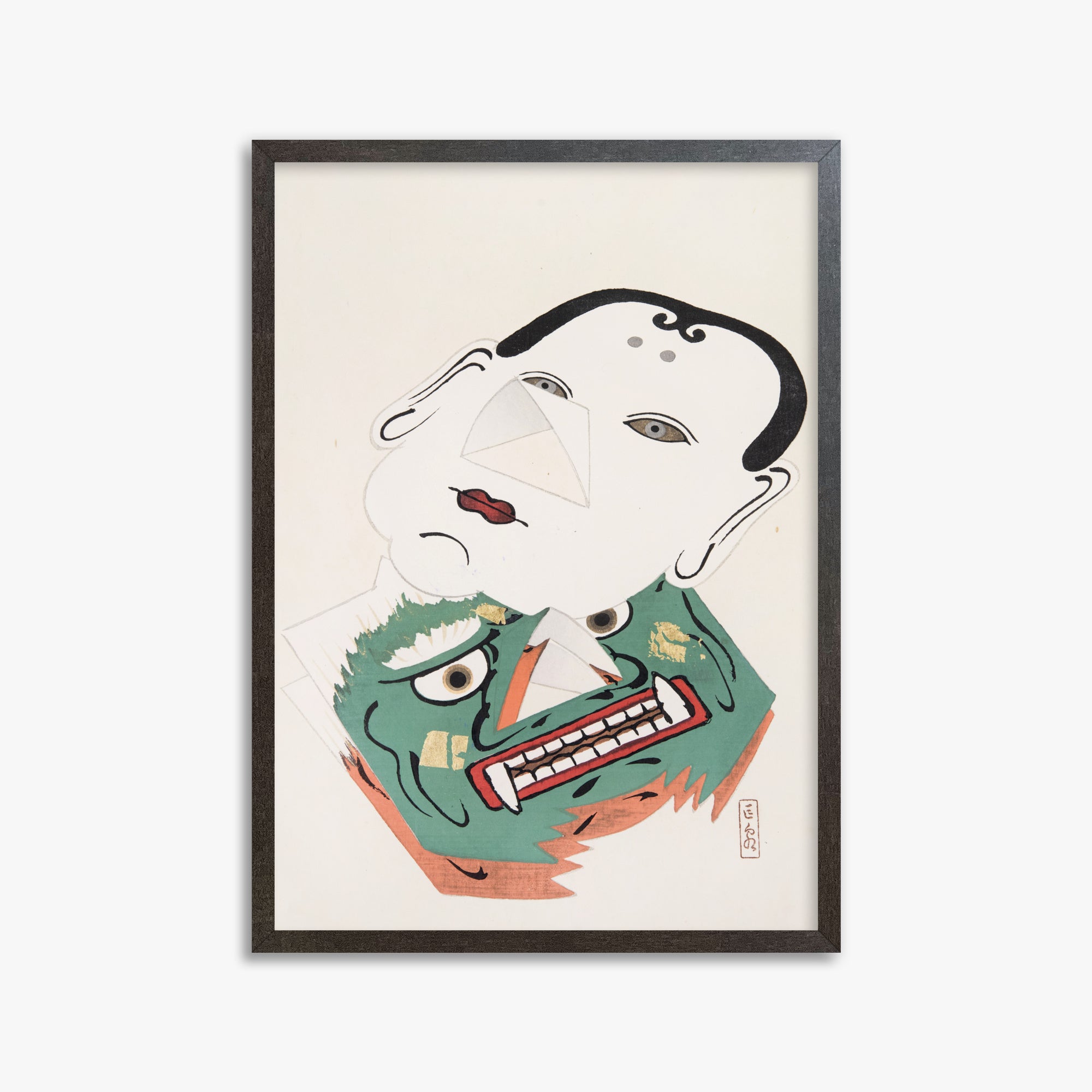 Kawasaki Kyosen: Kyosen’s Collected Illustrations of Japanese Toys Nr. 42 ("Dual Mask Expression"), 50x70cm Framed Art Reproduction With Espresso Frame