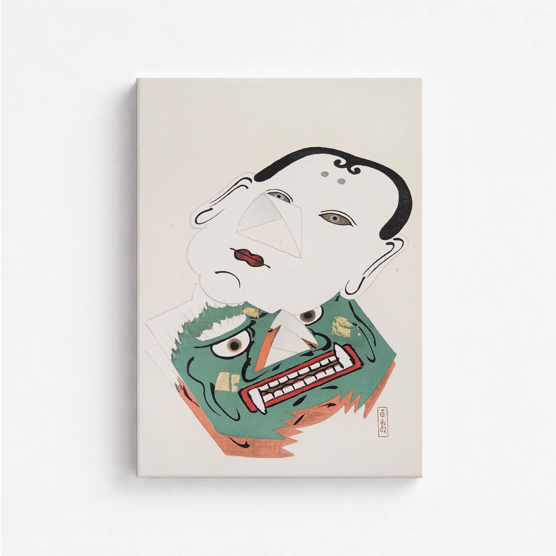 Kawasaki Kyosen: Kyosen’s Collected Illustrations of Japanese Toys Nr. 42 ("Dual Mask Expression"), 50x70cm Satin Canvas Art Reproduction