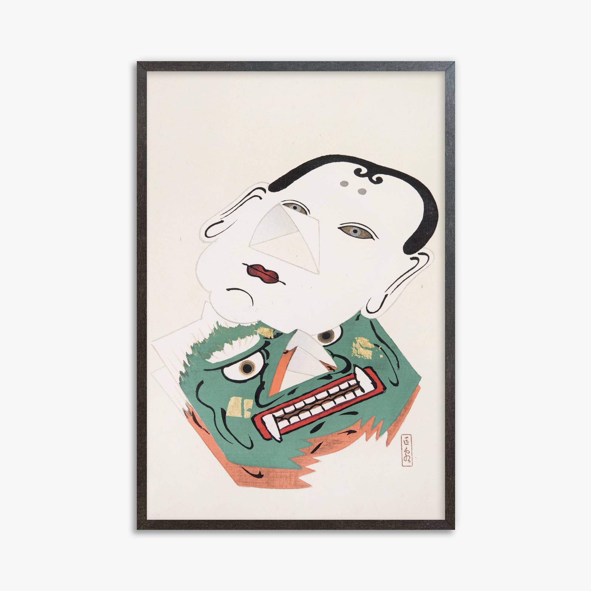 Kawasaki Kyosen: Kyosen’s Collected Illustrations of Japanese Toys Nr. 42 ("Dual Mask Expression"), 61x91cm Framed Art Reproduction With Espresso Frame