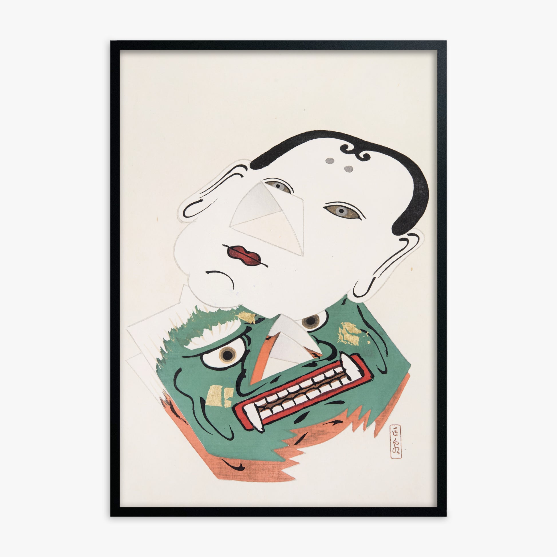 Kawasaki Kyosen: Kyosen’s Collected Illustrations of Japanese Toys Nr. 42 ("Dual Mask Expression"), Black Framed Art Reproduction With Black Frame