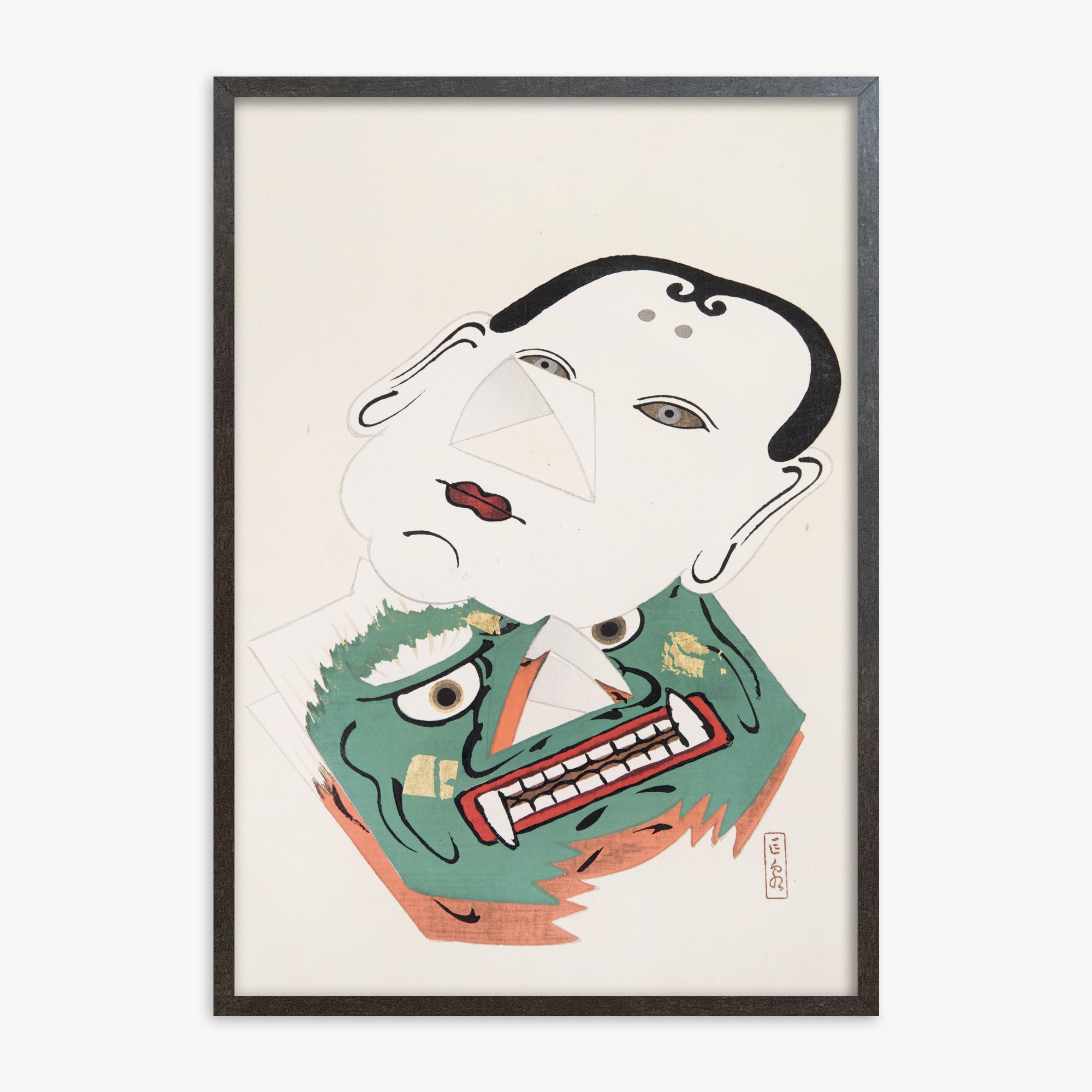 Kawasaki Kyosen: Kyosen’s Collected Illustrations of Japanese Toys Nr. 42 ("Dual Mask Expression"), 70x100cm Framed Art Reproduction With Espresso Frame