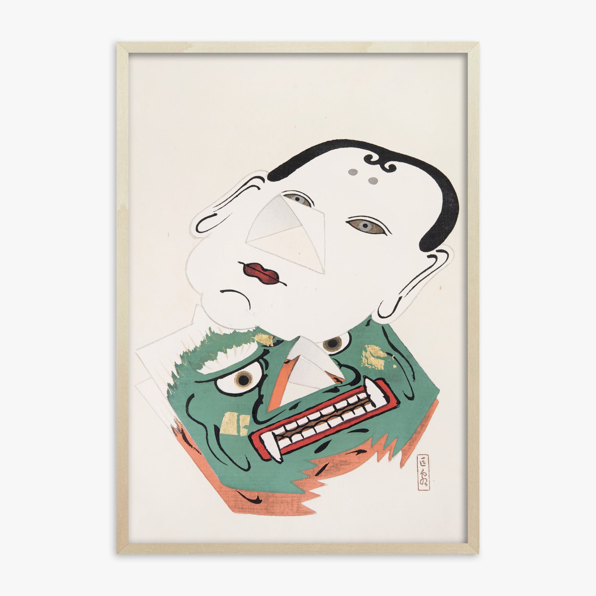 Kawasaki Kyosen: Kyosen’s Collected Illustrations of Japanese Toys Nr. 42 ("Dual Mask Expression"), 70x100cm Framed Art Reproduction With Lime Wood Frame