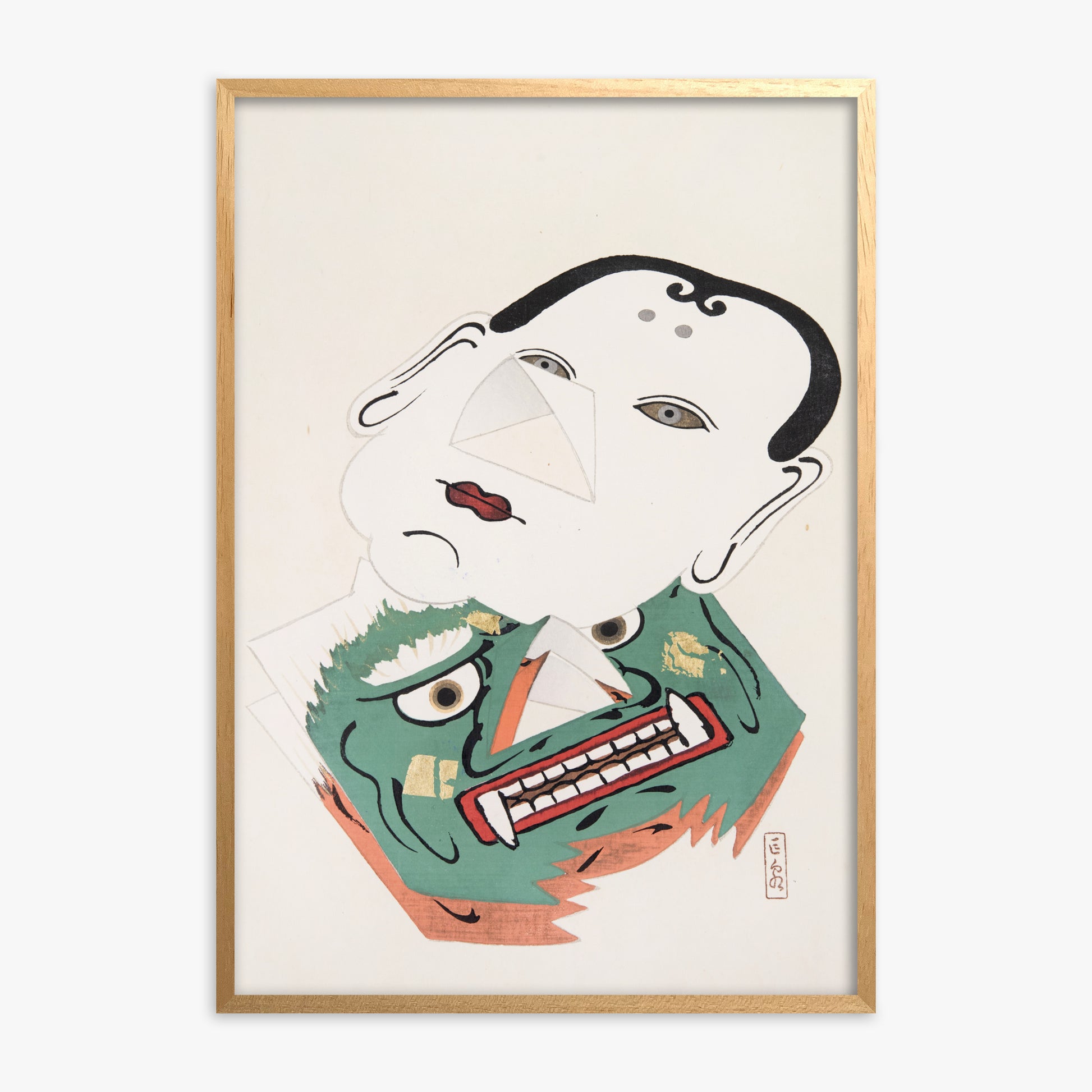 Kawasaki Kyosen: Kyosen’s Collected Illustrations of Japanese Toys Nr. 42 ("Dual Mask Expression"), Oak Framed Art Reproduction With Oak Frame