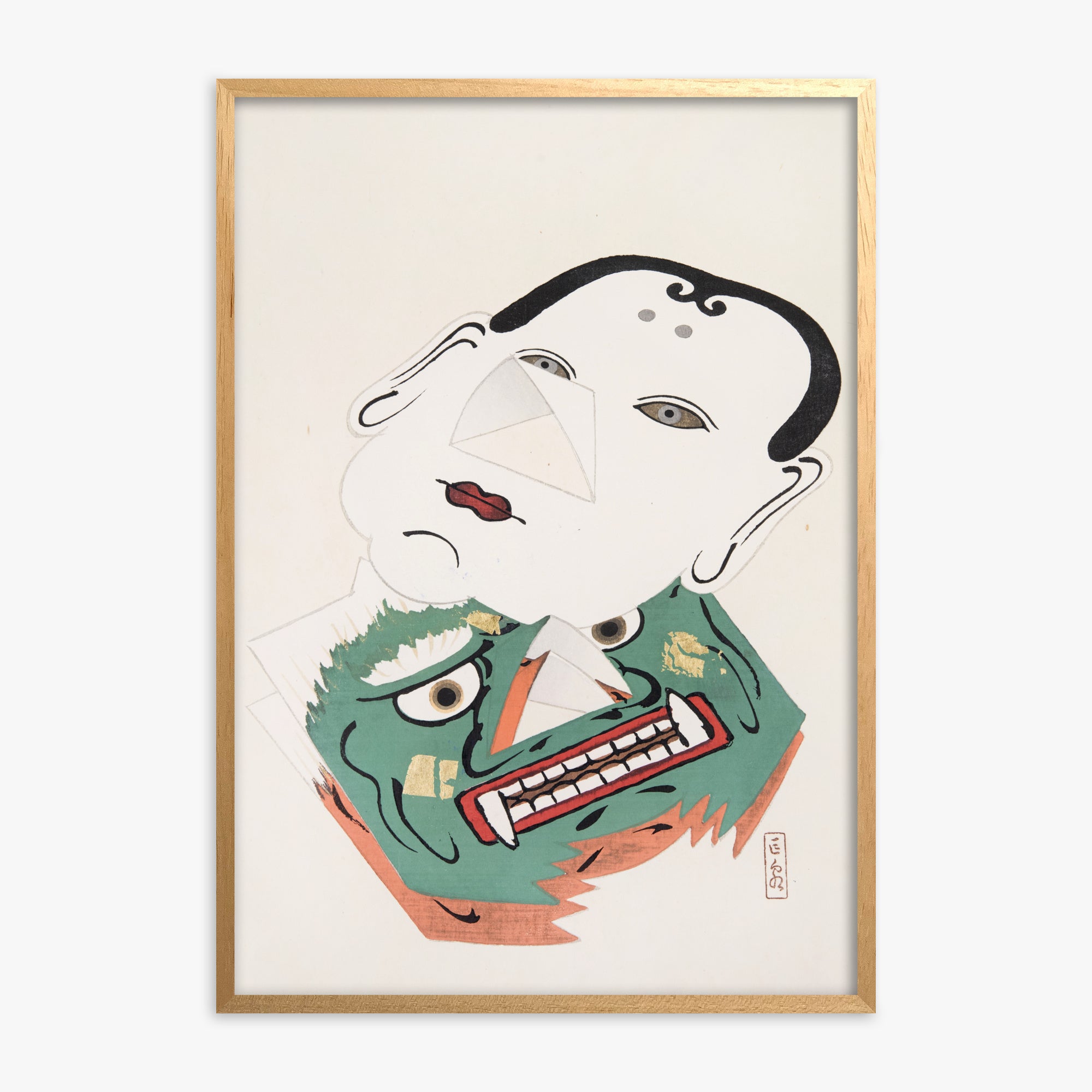Kawasaki Kyosen: Kyosen’s Collected Illustrations of Japanese Toys Nr. 42 ("Dual Mask Expression"), Oak Framed Art Reproduction With Oak Frame