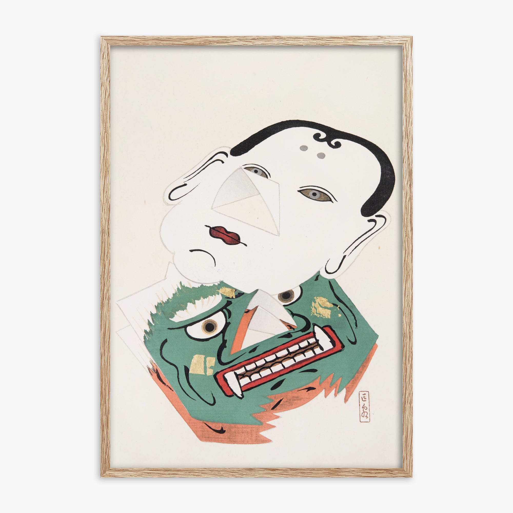 Kawasaki Kyosen: Kyosen’s Collected Illustrations of Japanese Toys Nr. 42 ("Dual Mask Expression"), 70x100cm Framed Art Reproduction With Raw Oak Frame