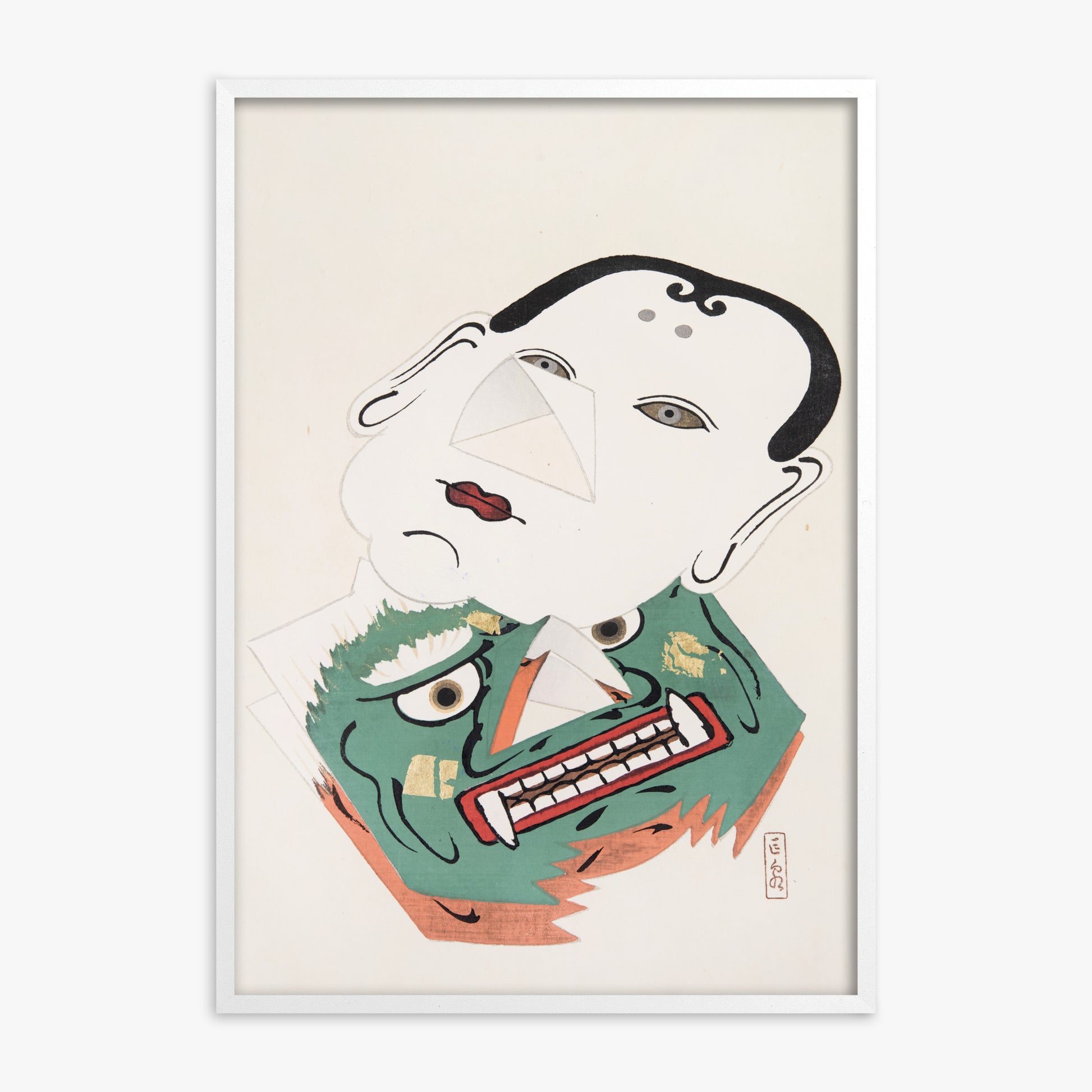 Kawasaki Kyosen: Kyosen’s Collected Illustrations of Japanese Toys Nr. 42 ("Dual Mask Expression"), White Framed Art Reproduction With White Frame