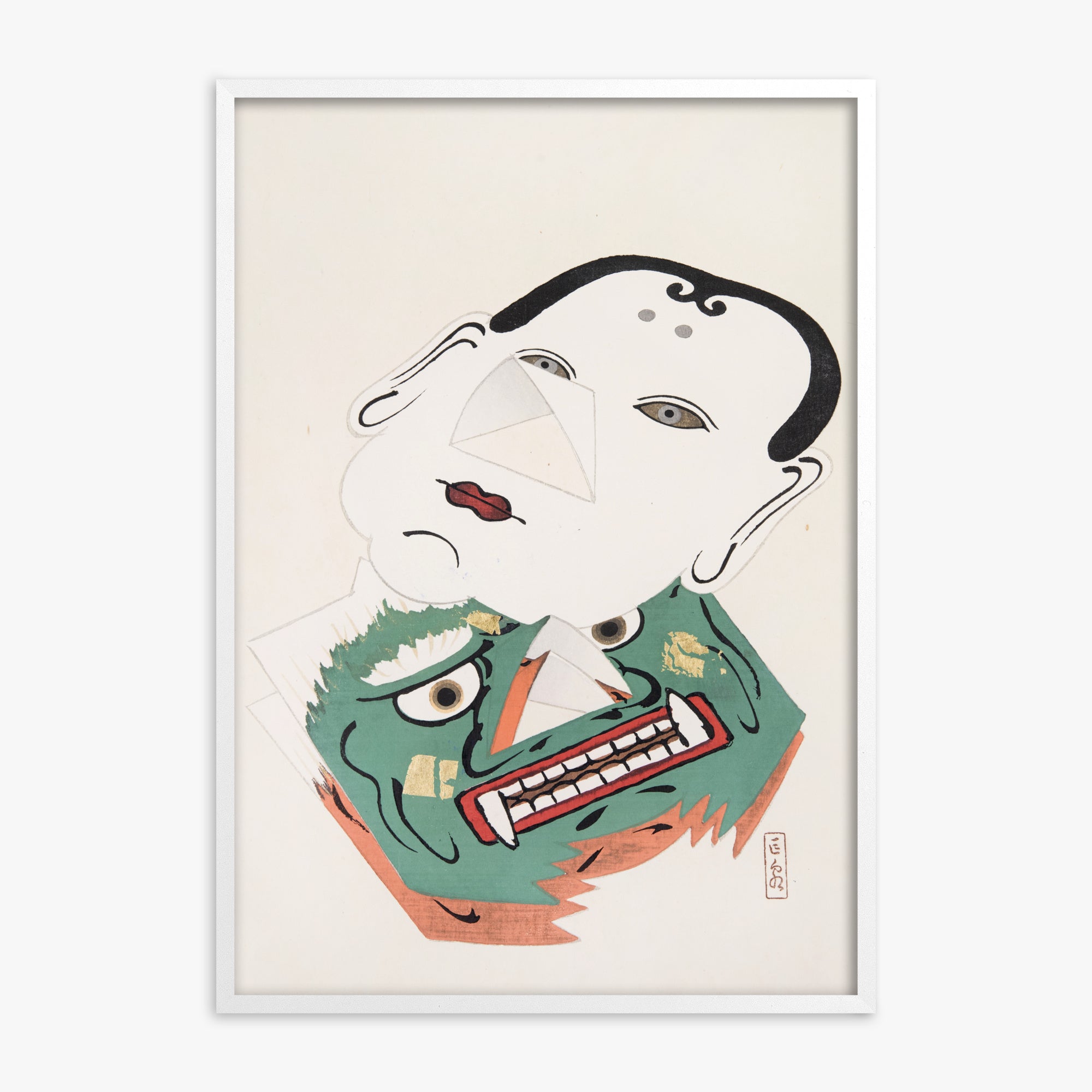 Kawasaki Kyosen: Kyosen’s Collected Illustrations of Japanese Toys Nr. 42 ("Dual Mask Expression"), White Framed Art Reproduction With White Frame