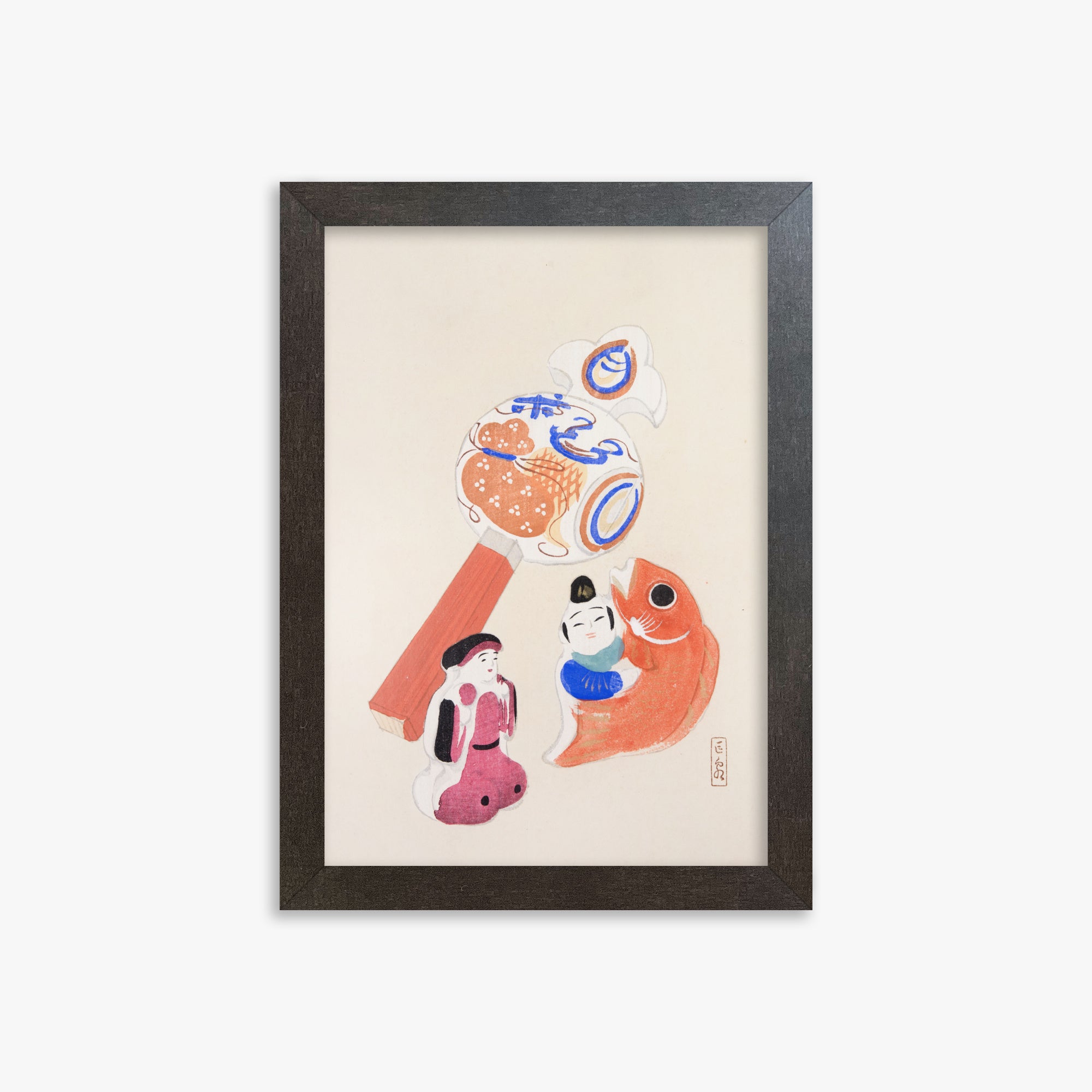 Kawasaki Kyosen: Kyosen’s Collected Illustrations of Japanese Toys Nr. 43 ("Eastern Harmony Toys"), 21x30cm Framed Art Reproduction With Espresso Frame