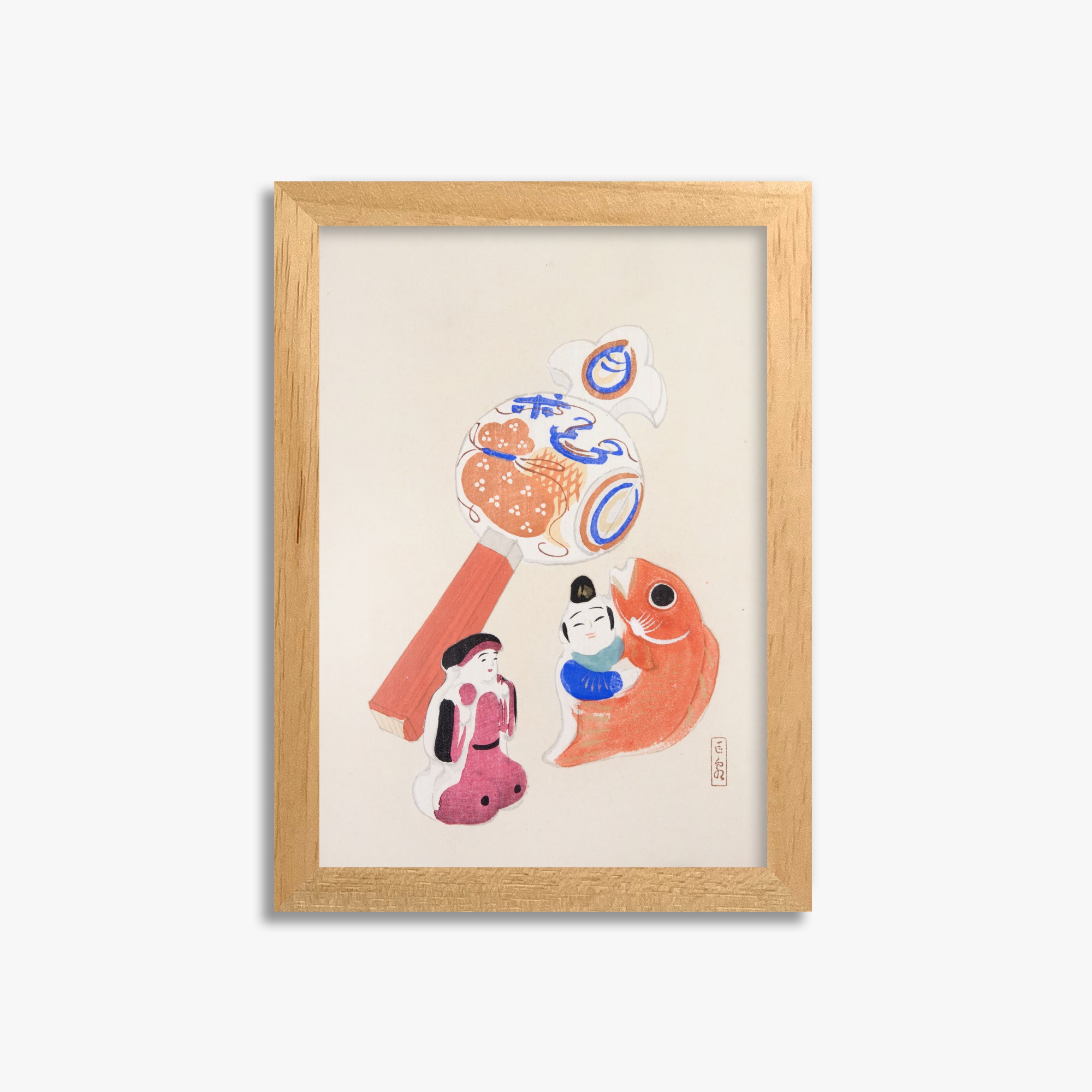 Kawasaki Kyosen: Kyosen’s Collected Illustrations of Japanese Toys Nr. 43 ("Eastern Harmony Toys"), 21x30cm Framed Art Reproduction With Oak Frame