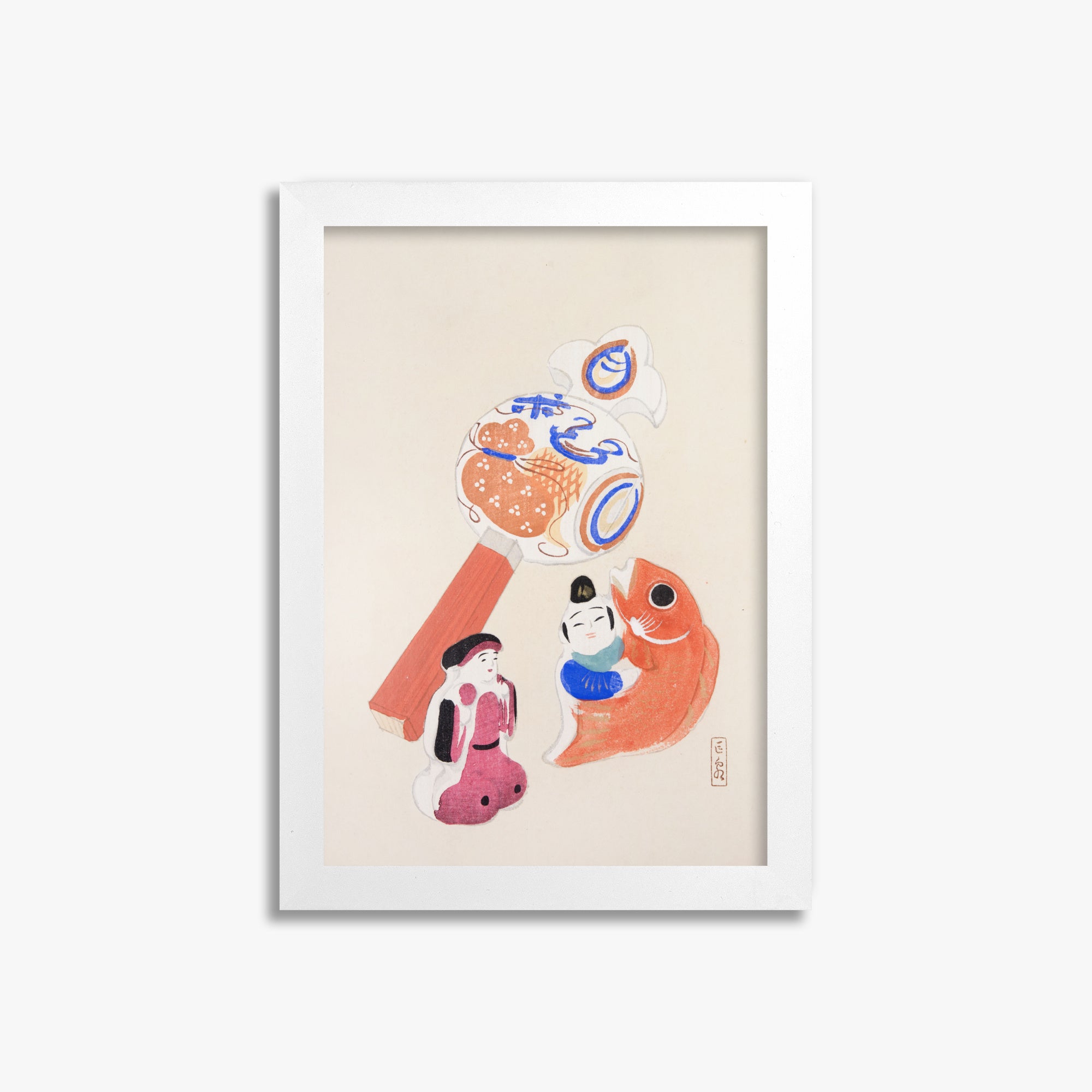Kawasaki Kyosen: Kyosen’s Collected Illustrations of Japanese Toys Nr. 43 ("Eastern Harmony Toys"), 21x30cm Framed Art Reproduction With White Frame