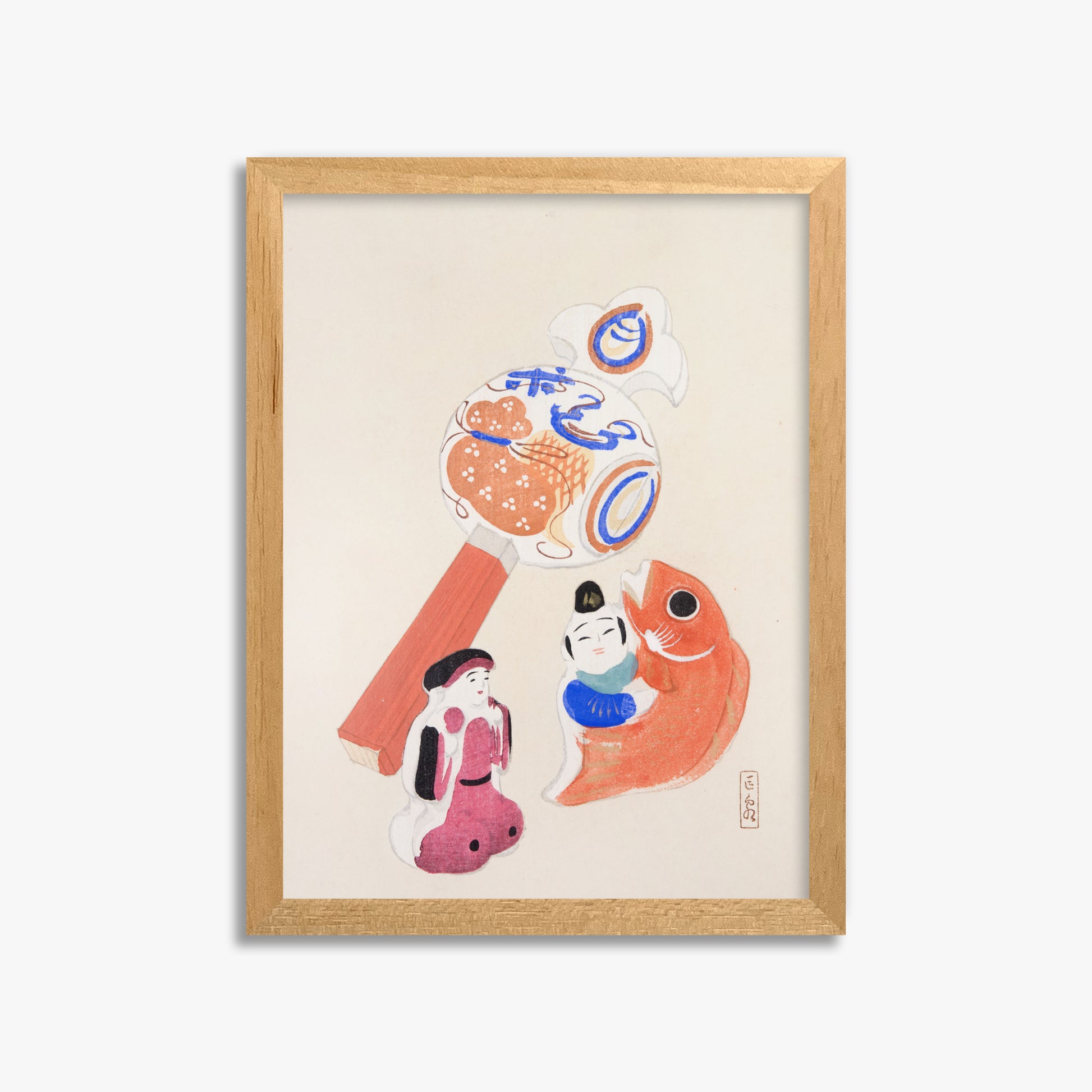 Kawasaki Kyosen: Kyosen’s Collected Illustrations of Japanese Toys Nr. 43 ("Eastern Harmony Toys"), 30x40cm Framed Art Reproduction With Oak Frame