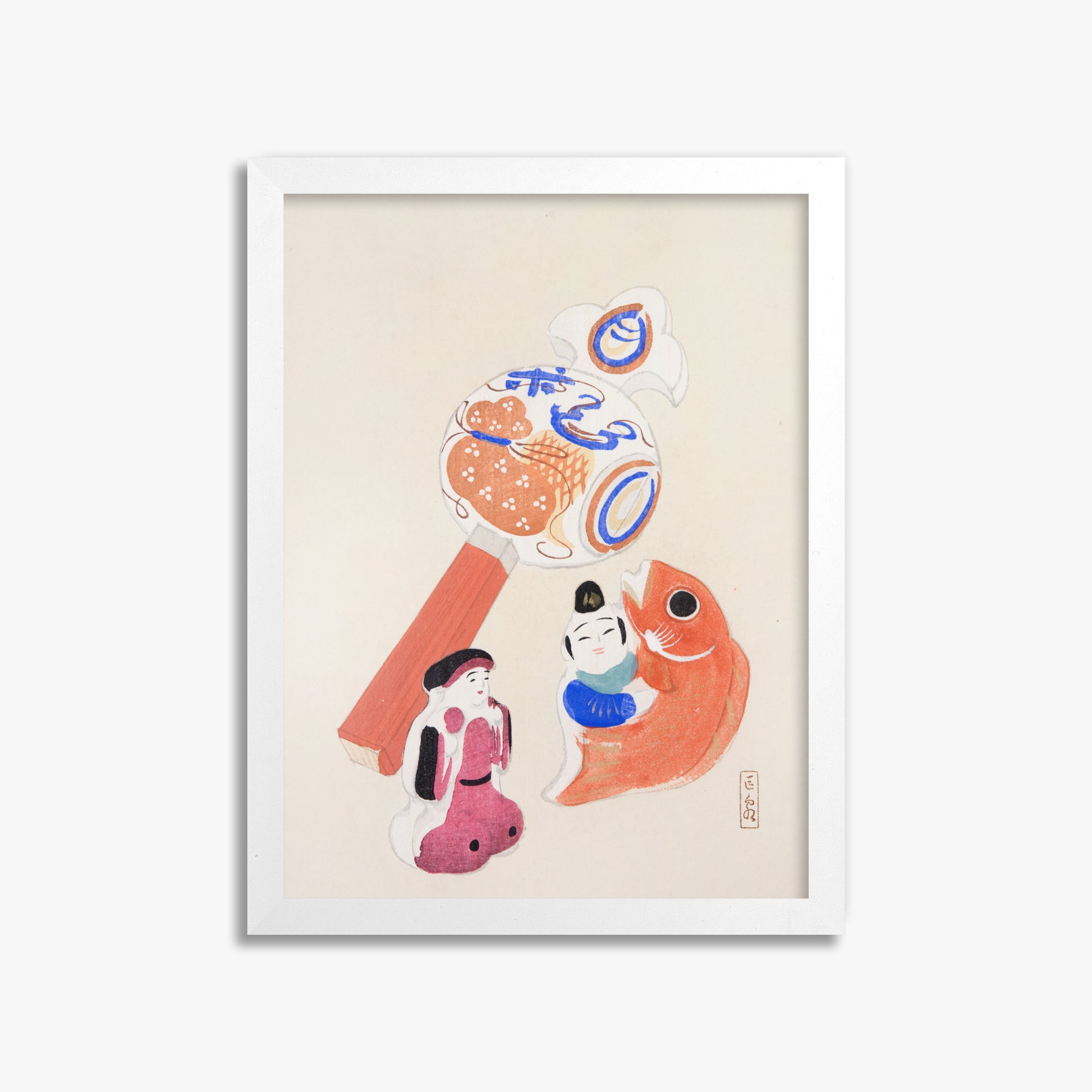 Kawasaki Kyosen: Kyosen’s Collected Illustrations of Japanese Toys Nr. 43 ("Eastern Harmony Toys"), 30x40cm Framed Art Reproduction With White Frame