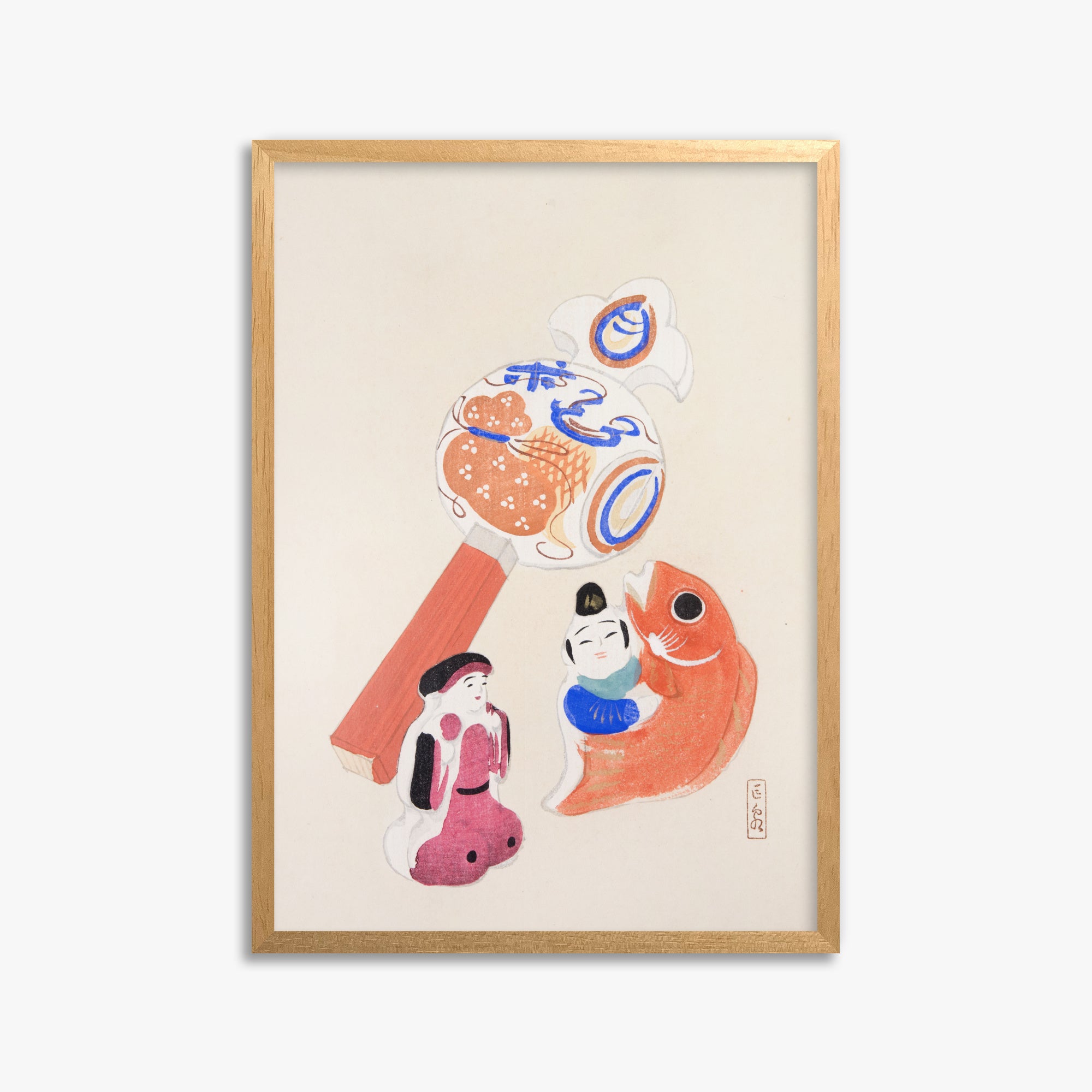 Kawasaki Kyosen: Kyosen’s Collected Illustrations of Japanese Toys Nr. 43 ("Eastern Harmony Toys"), 50x70cm Framed Art Reproduction With Oak Frame