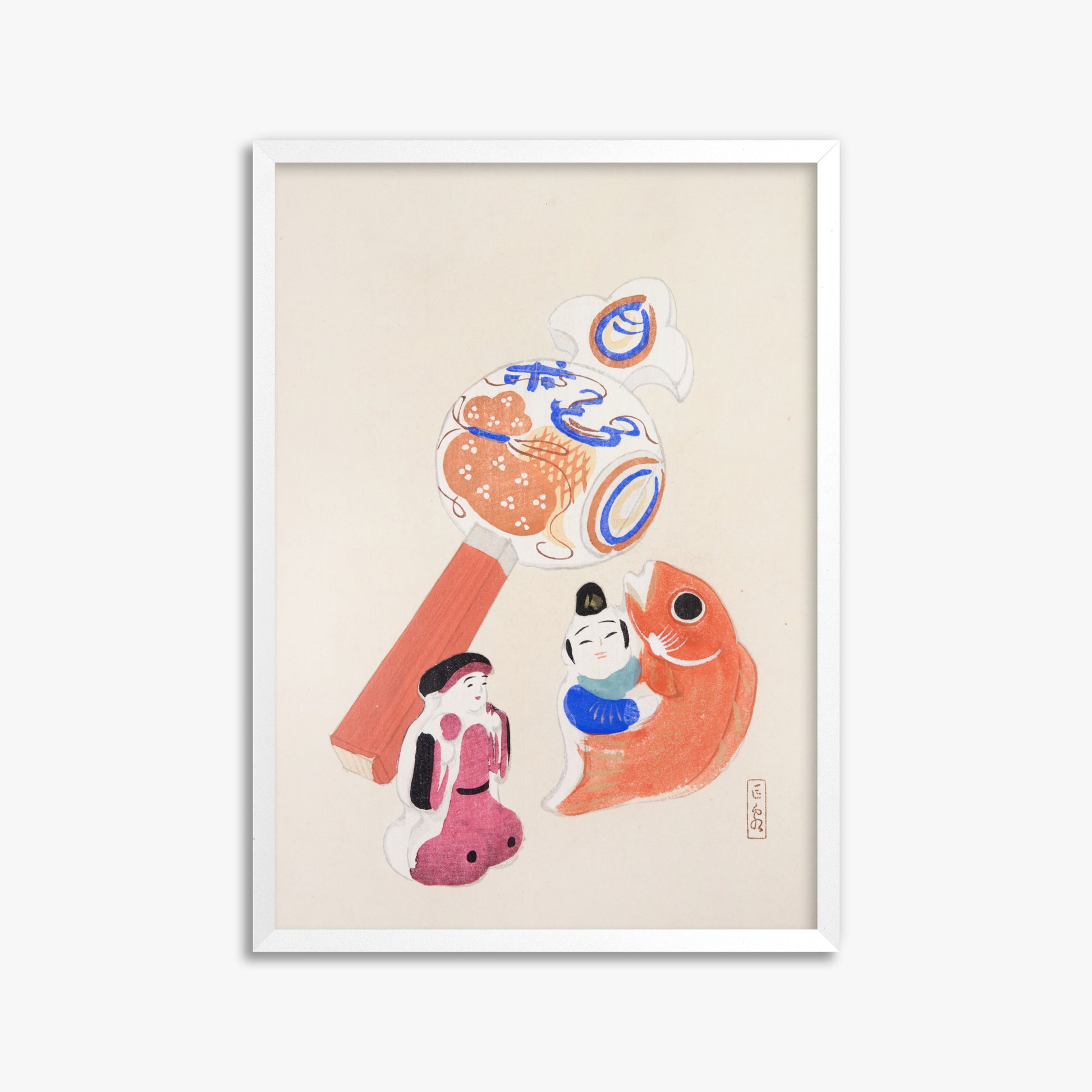 Kawasaki Kyosen: Kyosen’s Collected Illustrations of Japanese Toys Nr. 43 ("Eastern Harmony Toys"), 50x70cm Framed Art Reproduction With White Frame