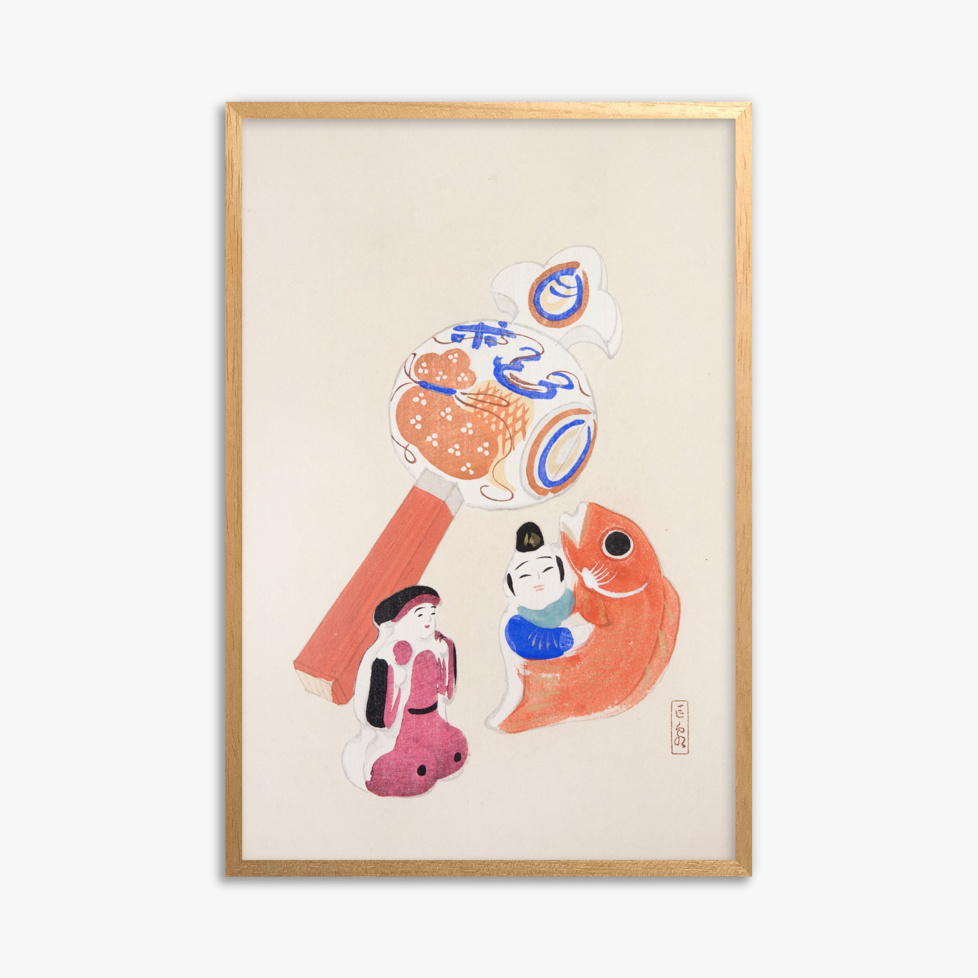 Kawasaki Kyosen: Kyosen’s Collected Illustrations of Japanese Toys Nr. 43 ("Eastern Harmony Toys"), 61x91cm Framed Art Reproduction With Oak Frame