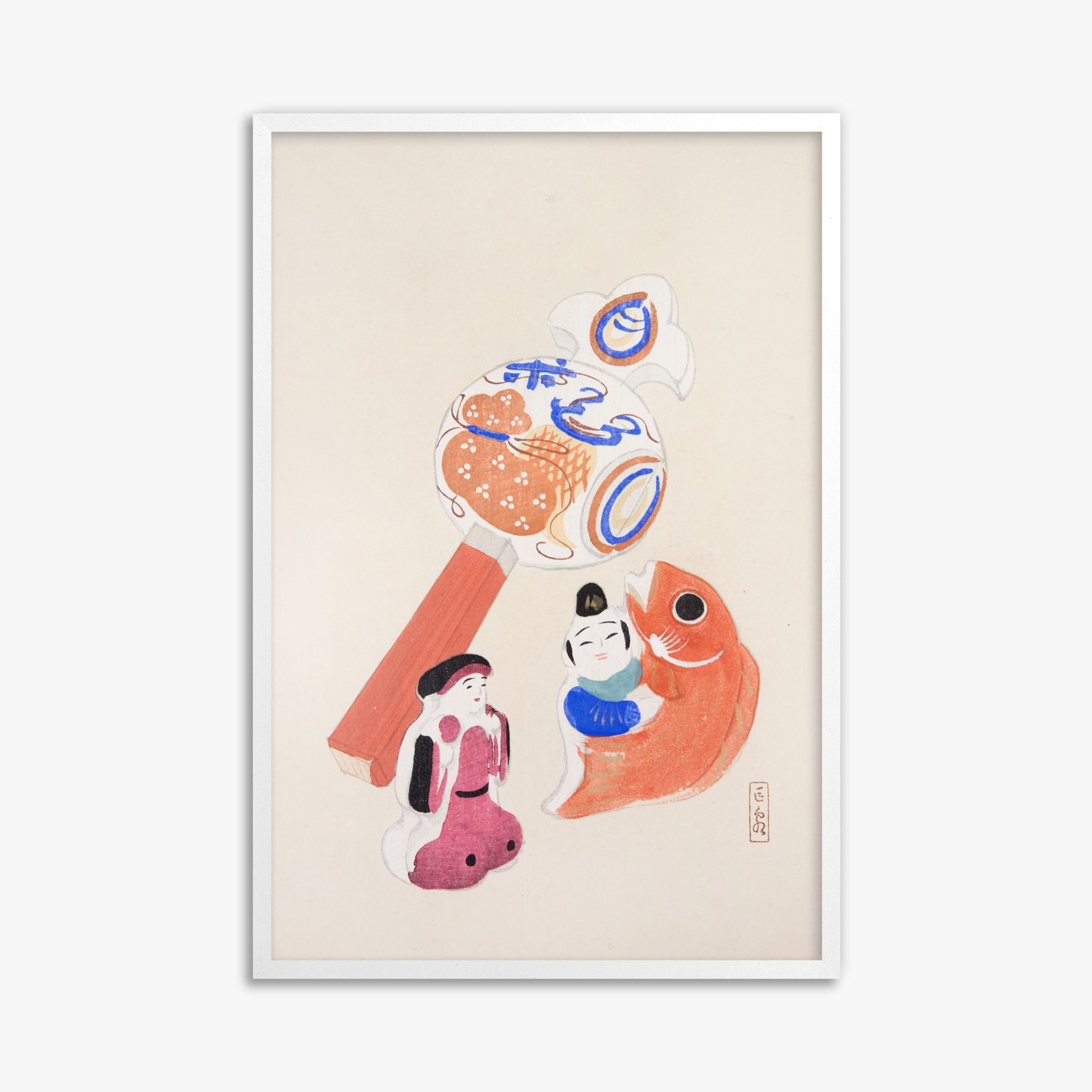 Kawasaki Kyosen: Kyosen’s Collected Illustrations of Japanese Toys Nr. 43 ("Eastern Harmony Toys"), 61x91cm Framed Art Reproduction With White Frame