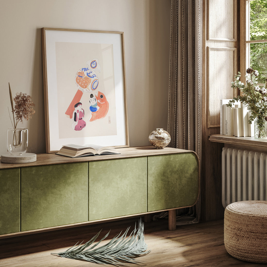 Kawasaki Kyosen: Kyosen’s Collected Illustrations of Japanese Toys Nr. 43 ("Eastern Harmony Toys"), 50x70cm Framed Art Reproduction With Black Frame