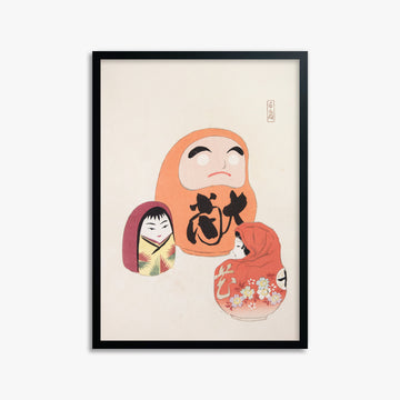 Kawasaki Kyosen: Kyosen’s Collected Illustrations of Japanese Toys Nr. 44 ("Eastern Harmony Dolls"), 50x70cm Framed Art Reproduction With Black Frame