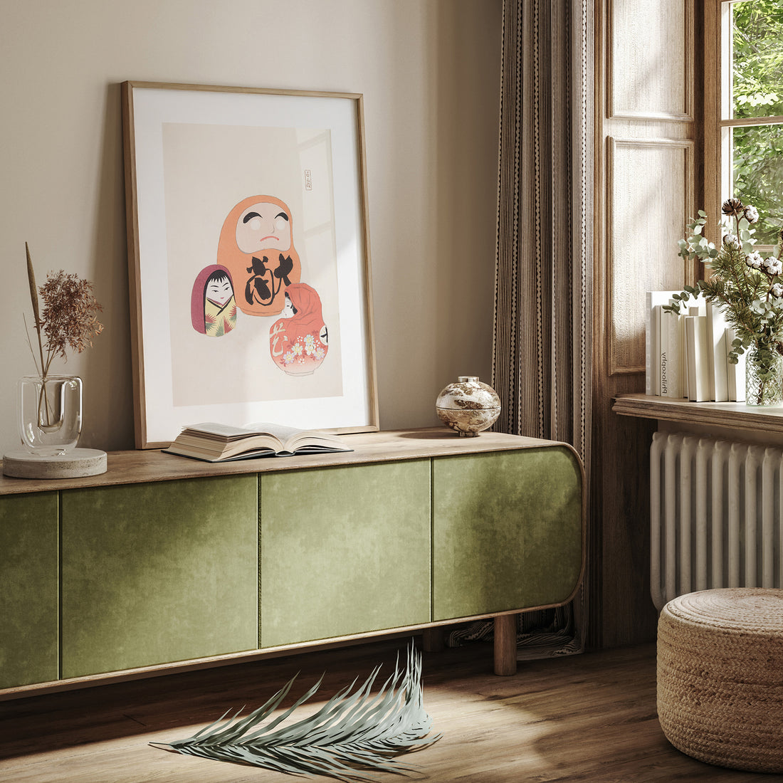 Kawasaki Kyosen: Kyosen’s Collected Illustrations of Japanese Toys Nr. 44 ("Eastern Harmony Dolls"), 50x70cm Framed Art Reproduction With Black Frame