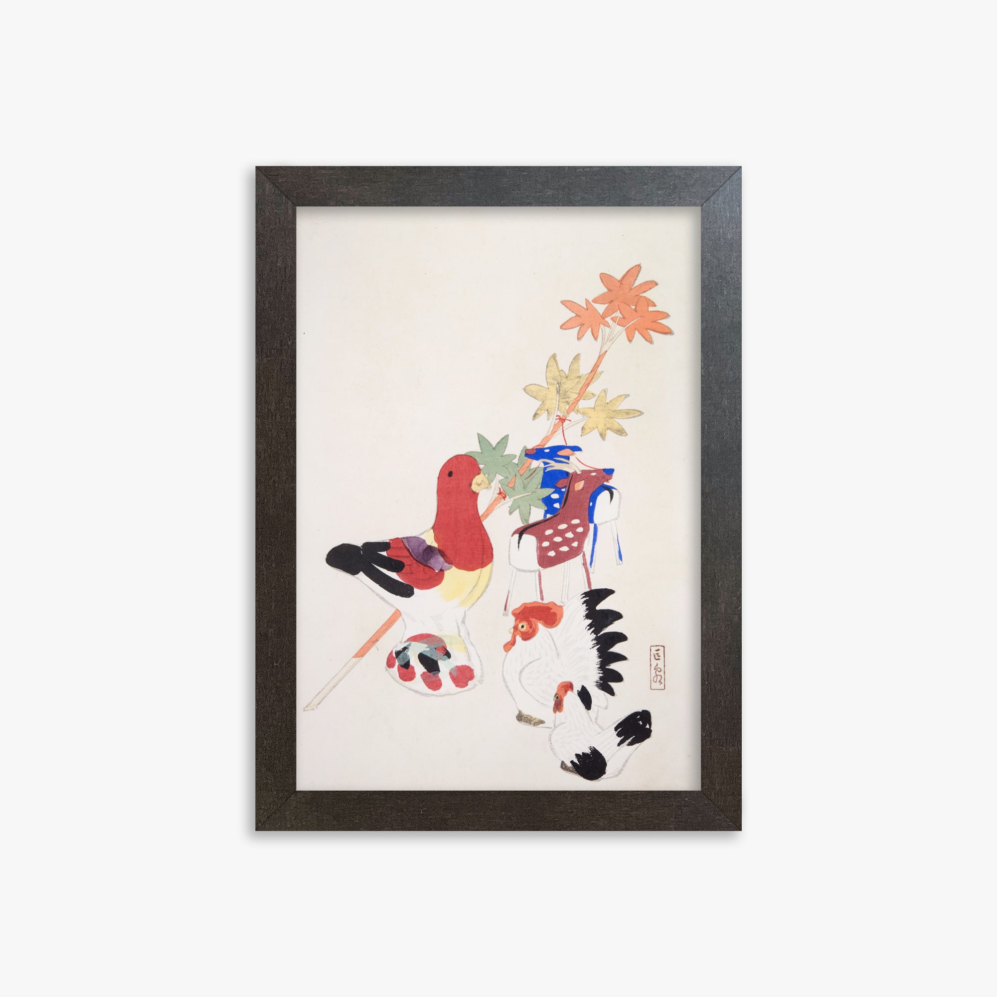Kawasaki Kyosen: Kyosen’s Collected Illustrations of Japanese Toys Nr. 45 ("Farmyard Harmony"), 21x30cm Framed Art Reproduction With Espresso Frame