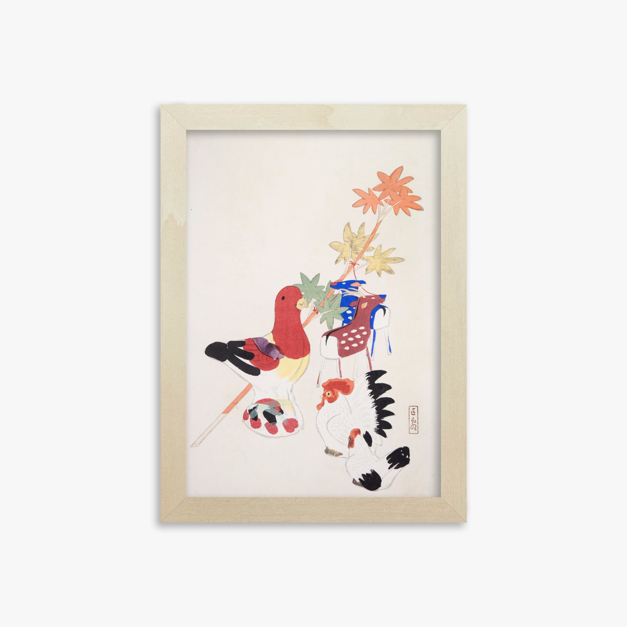 Kawasaki Kyosen: Kyosen’s Collected Illustrations of Japanese Toys Nr. 45 ("Farmyard Harmony"), 21x30cm Framed Art Reproduction With Lime Wood Frame