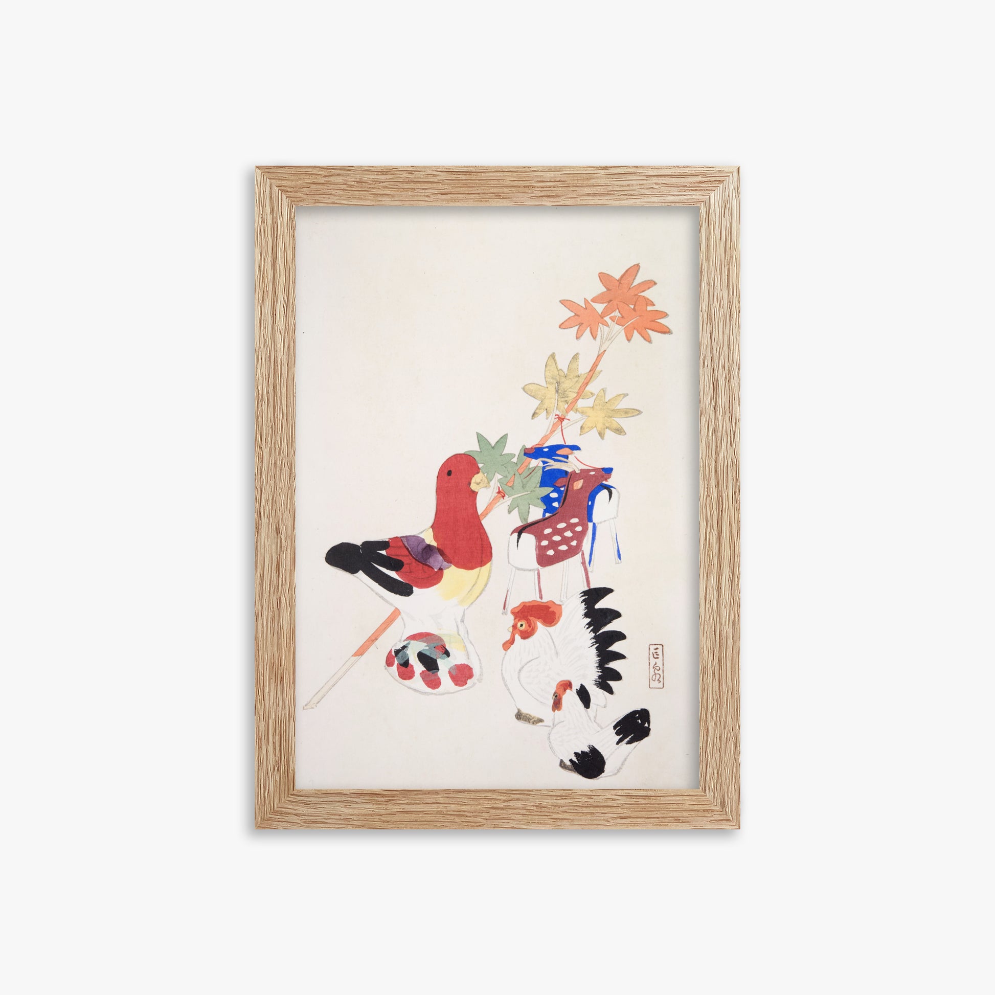 Kawasaki Kyosen: Kyosen’s Collected Illustrations of Japanese Toys Nr. 45 ("Farmyard Harmony"), 21x30cm Framed Art Reproduction With Raw Oak Frame