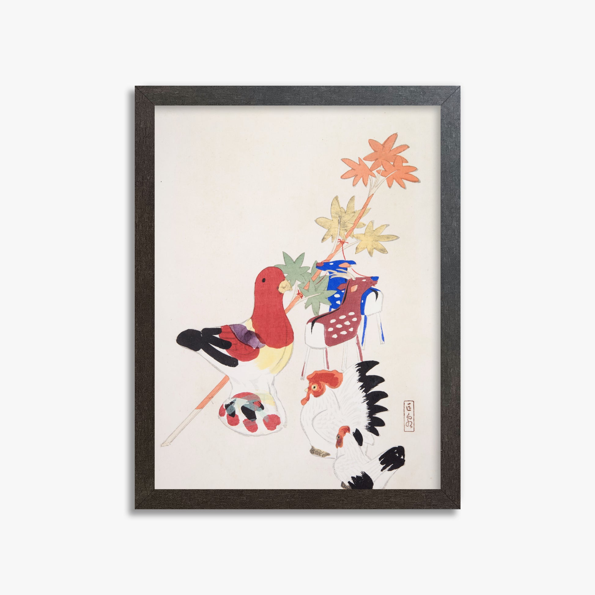 Kawasaki Kyosen: Kyosen’s Collected Illustrations of Japanese Toys Nr. 45 ("Farmyard Harmony"), 30x40cm Framed Art Reproduction With Espresso Frame