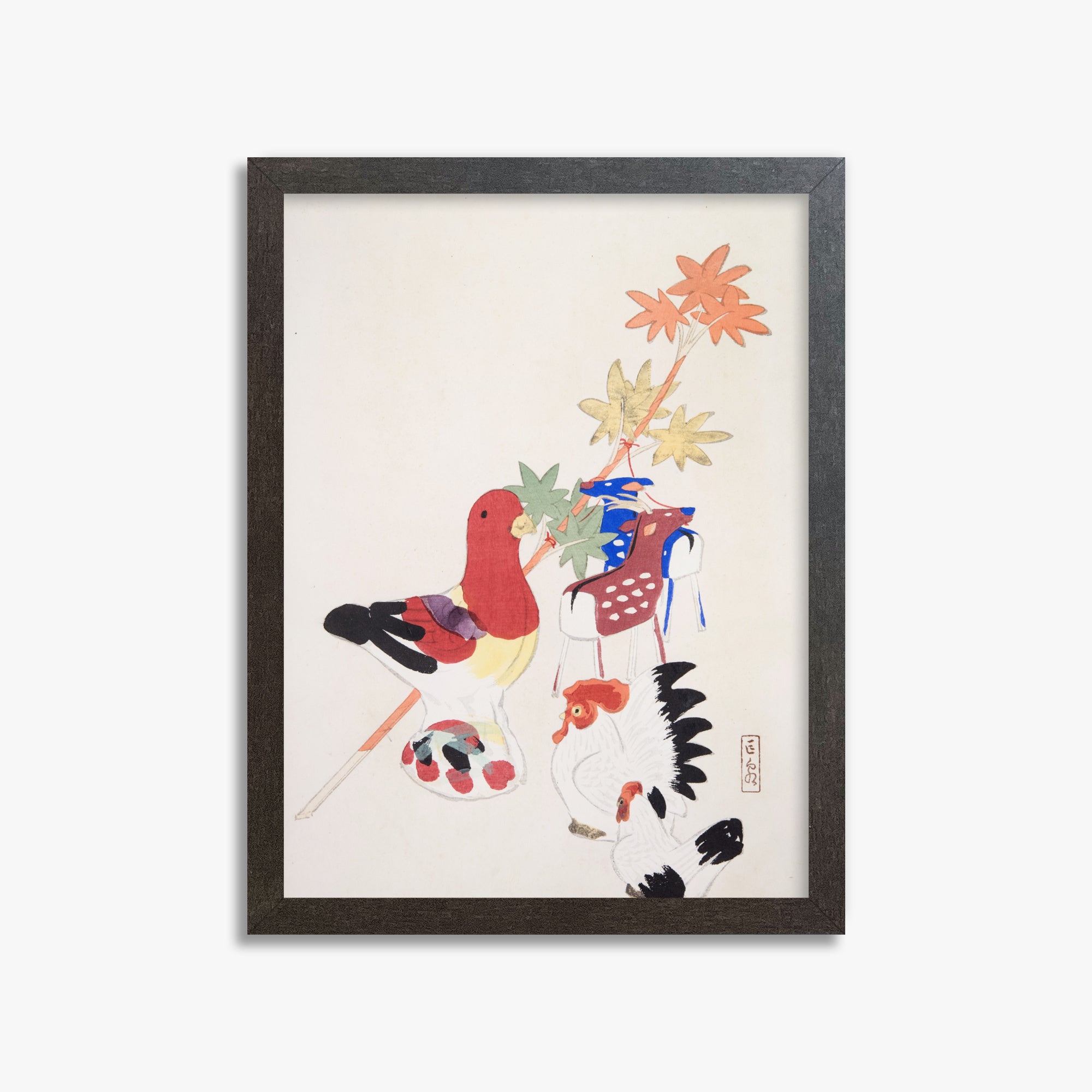 Kawasaki Kyosen: Kyosen’s Collected Illustrations of Japanese Toys Nr. 45 ("Farmyard Harmony"), 30x40cm Framed Art Reproduction With Espresso Frame