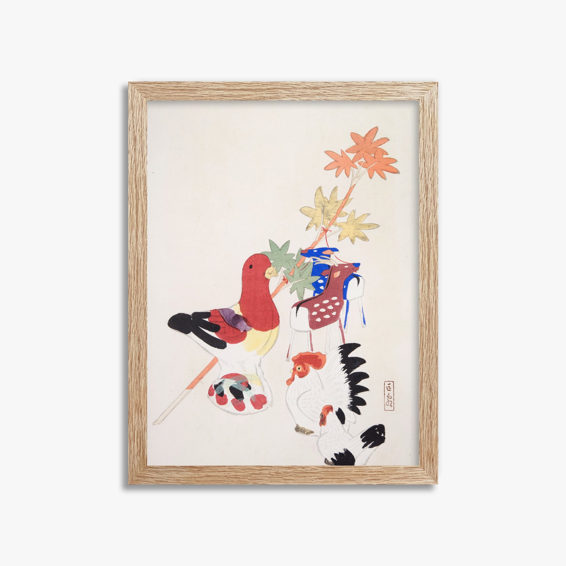 Kawasaki Kyosen: Kyosen’s Collected Illustrations of Japanese Toys Nr. 45 ("Farmyard Harmony"), 30x40cm Framed Art Reproduction With Raw Oak Frame