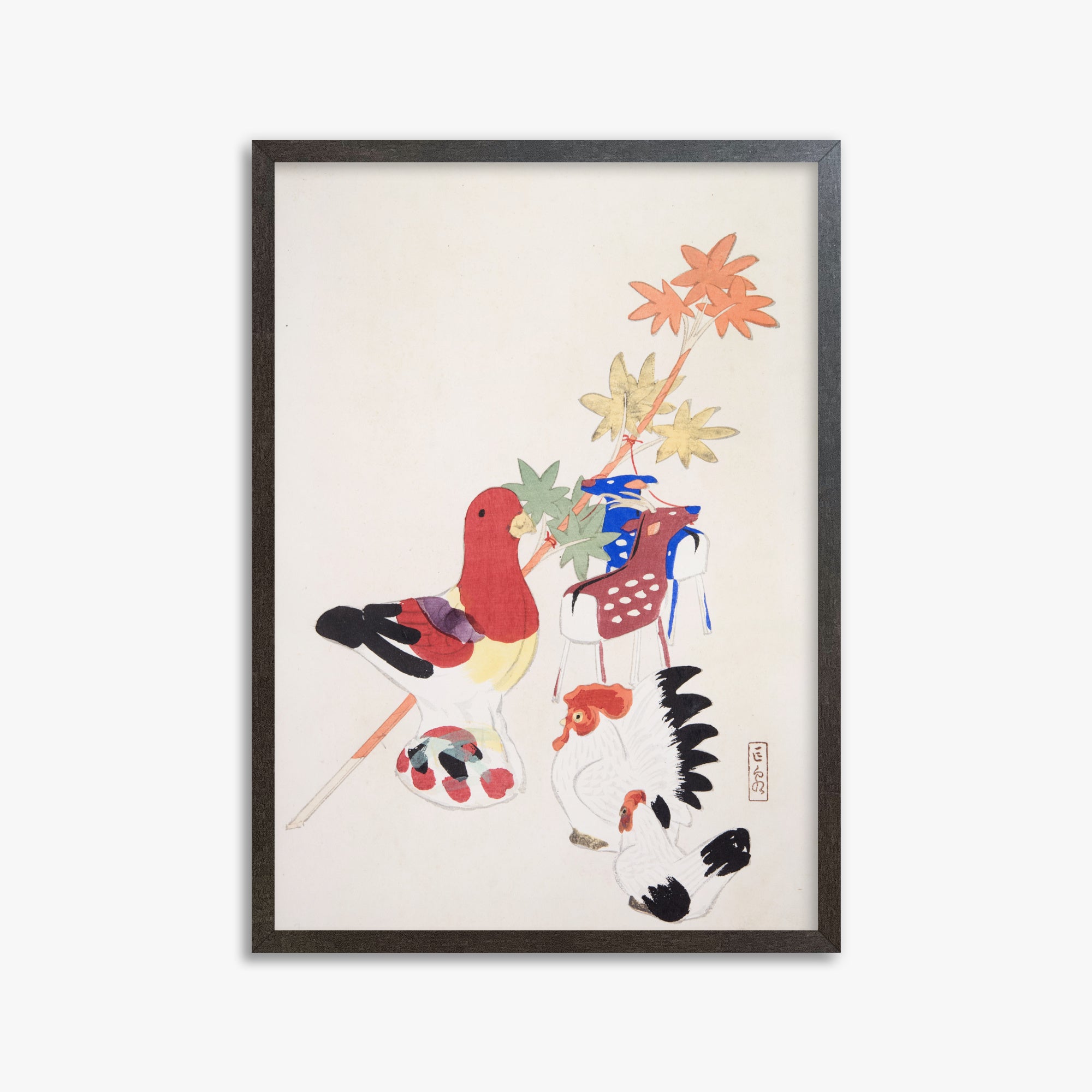 Kawasaki Kyosen: Kyosen’s Collected Illustrations of Japanese Toys Nr. 45 ("Farmyard Harmony"), 50x70cm Framed Art Reproduction With Espresso Frame