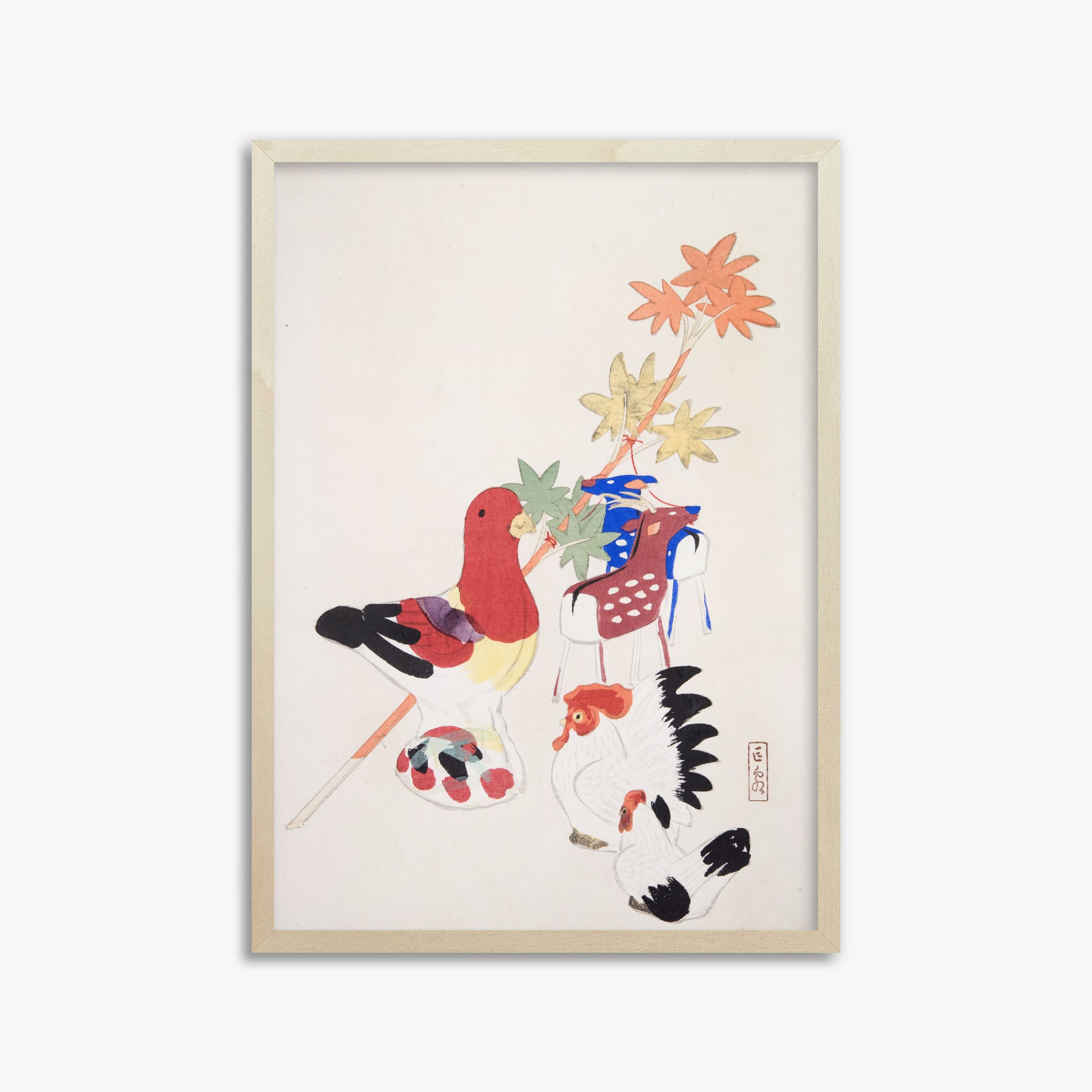 Kawasaki Kyosen: Kyosen’s Collected Illustrations of Japanese Toys Nr. 45 ("Farmyard Harmony"), 50x70cm Framed Art Reproduction With Lime Wood Frame