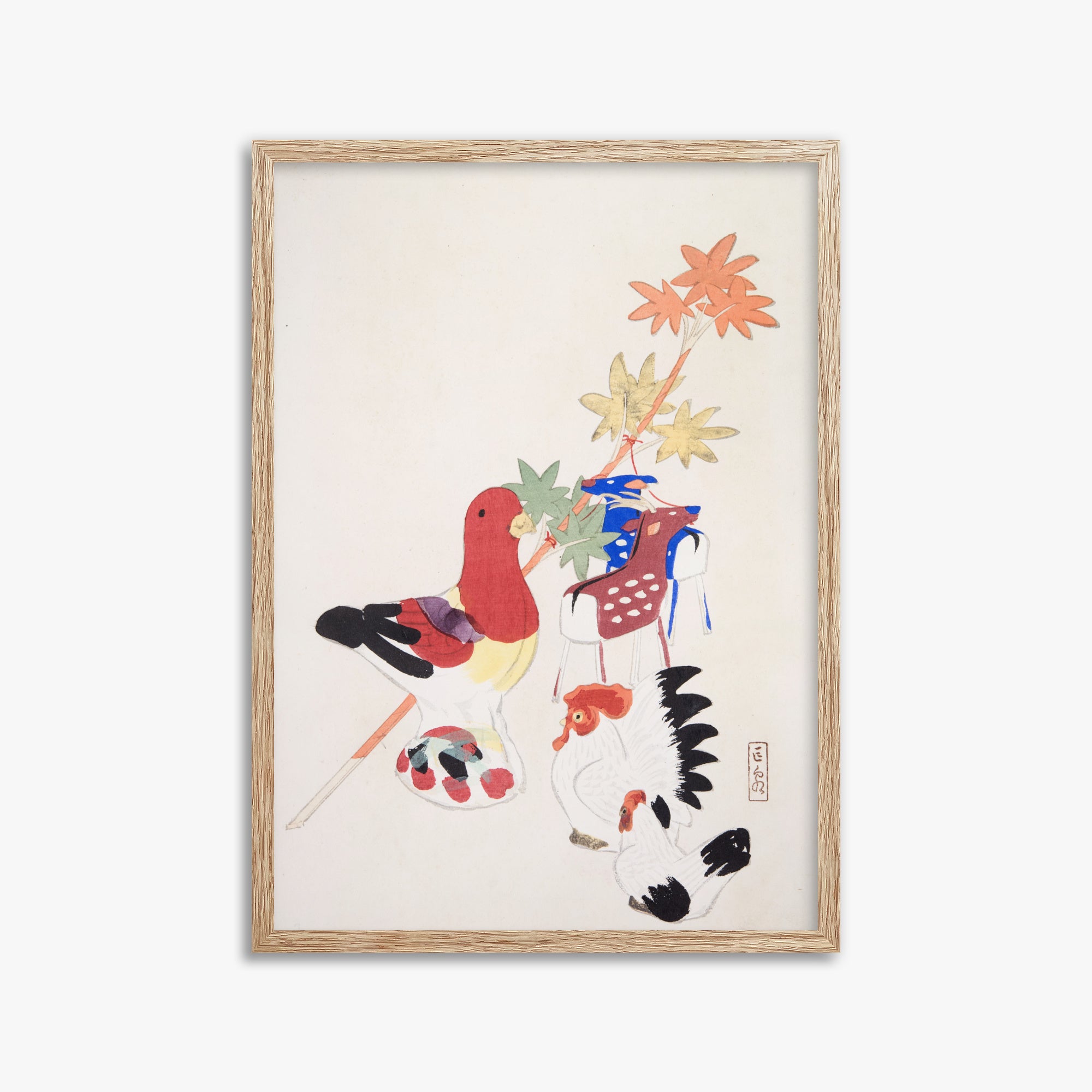 Kawasaki Kyosen: Kyosen’s Collected Illustrations of Japanese Toys Nr. 45 ("Farmyard Harmony"), 50x70cm Framed Art Reproduction With Raw Oak Frame